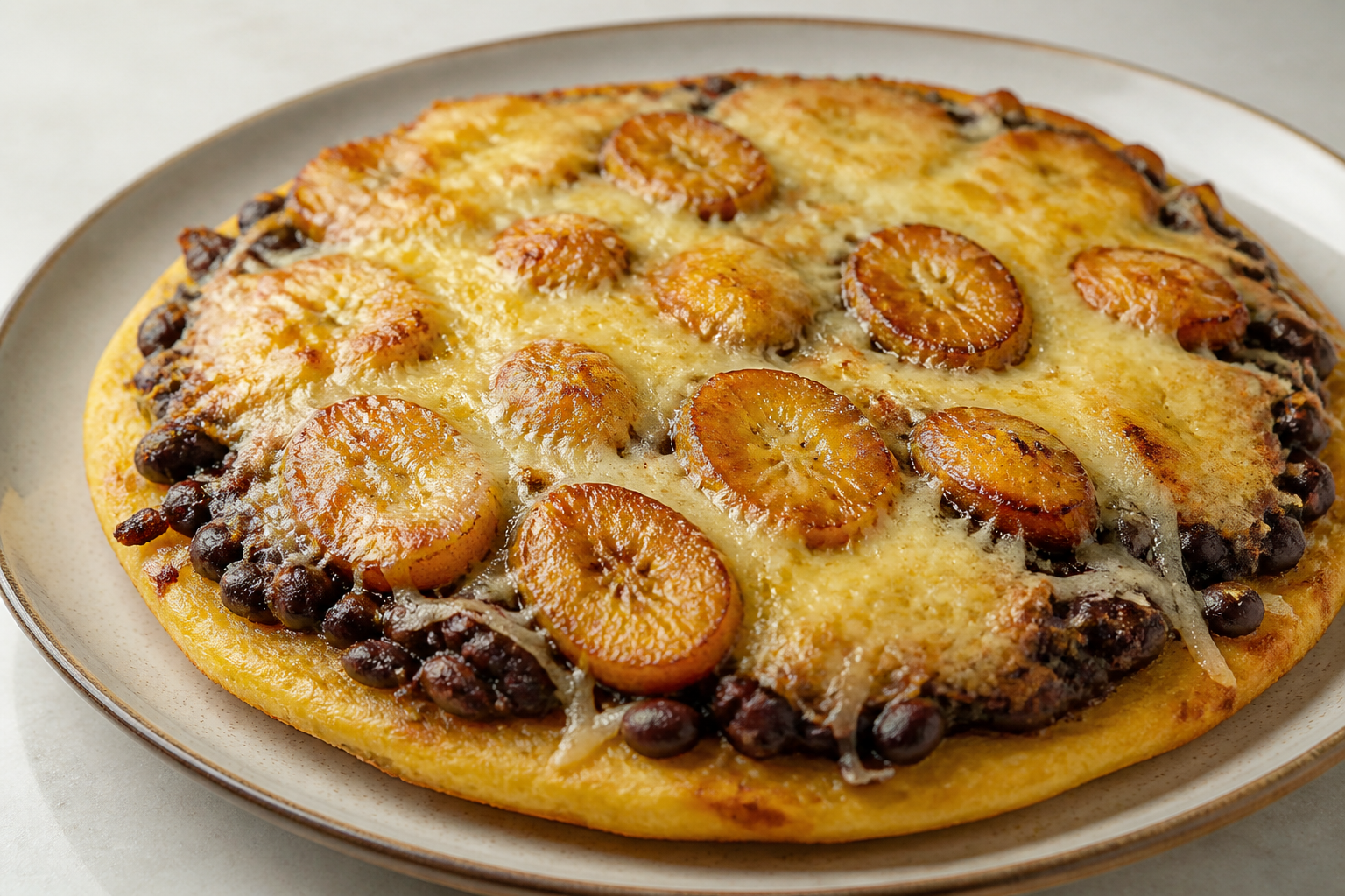 Baked Cassava Flatbread Pie with Stewed Black Beans, Sweet Plantain and White Cheese Crust