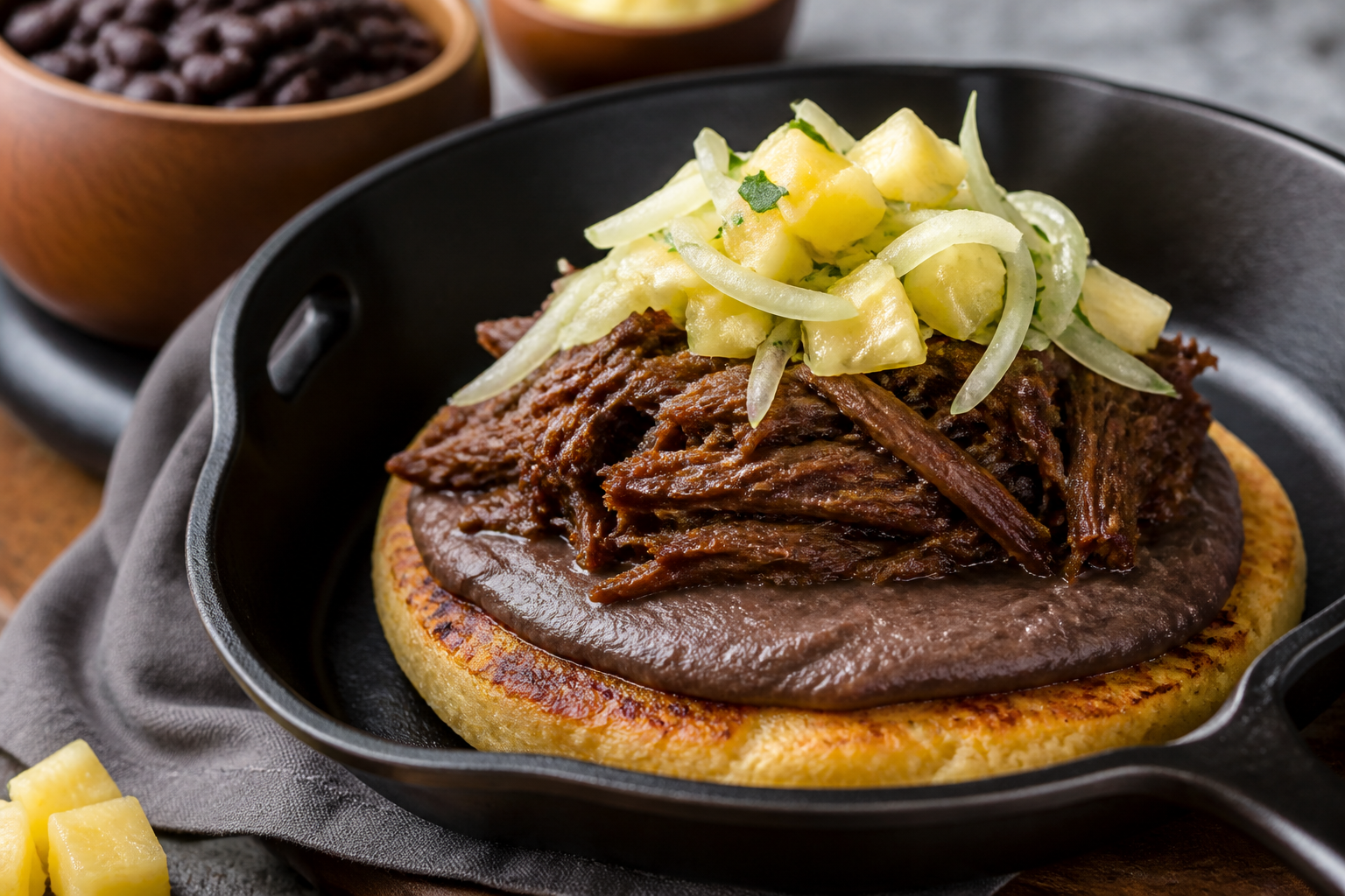 Budare de Arepa de Coco con Asado Negro Desmechado, Crema de Caraotas Negras y Ensalada de Piña Verde