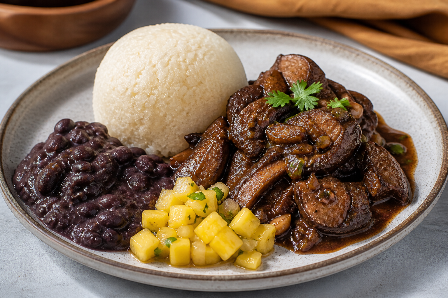 Coconut Arepa Domes with Mushroom Asado Negro, Silky Black Beans and Pineapple Pickle