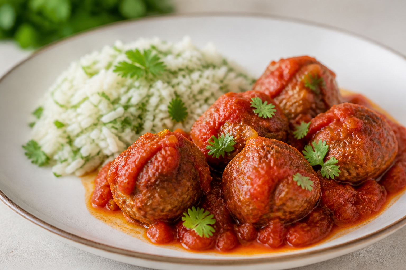 Cuban Pork and Sweet Plantain Meatballs in Criollo Tomato Sauce with Cilantro Rice