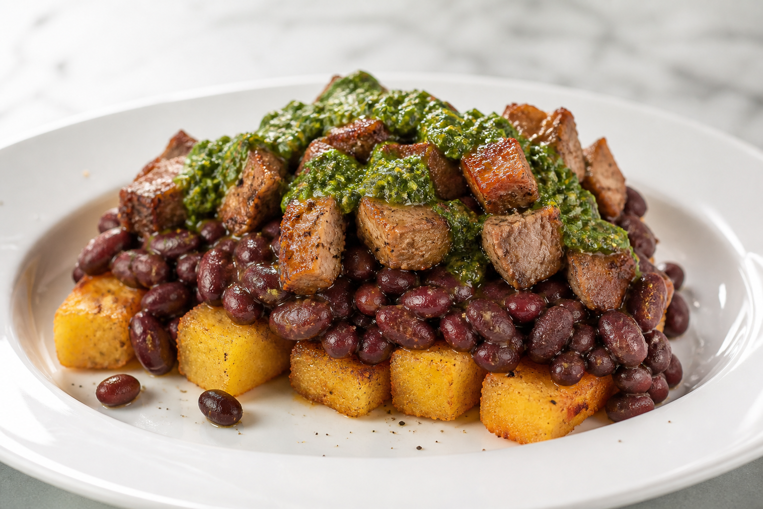 Criolla Polenta Batons with Red Bean Pabellon, Spiced Pork and Cilantro Guasacaca