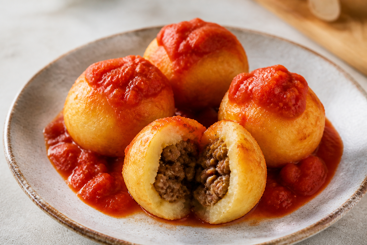 Cuban Yuca Balls Stuffed with Picadillo and Spiced Tomato Sauce