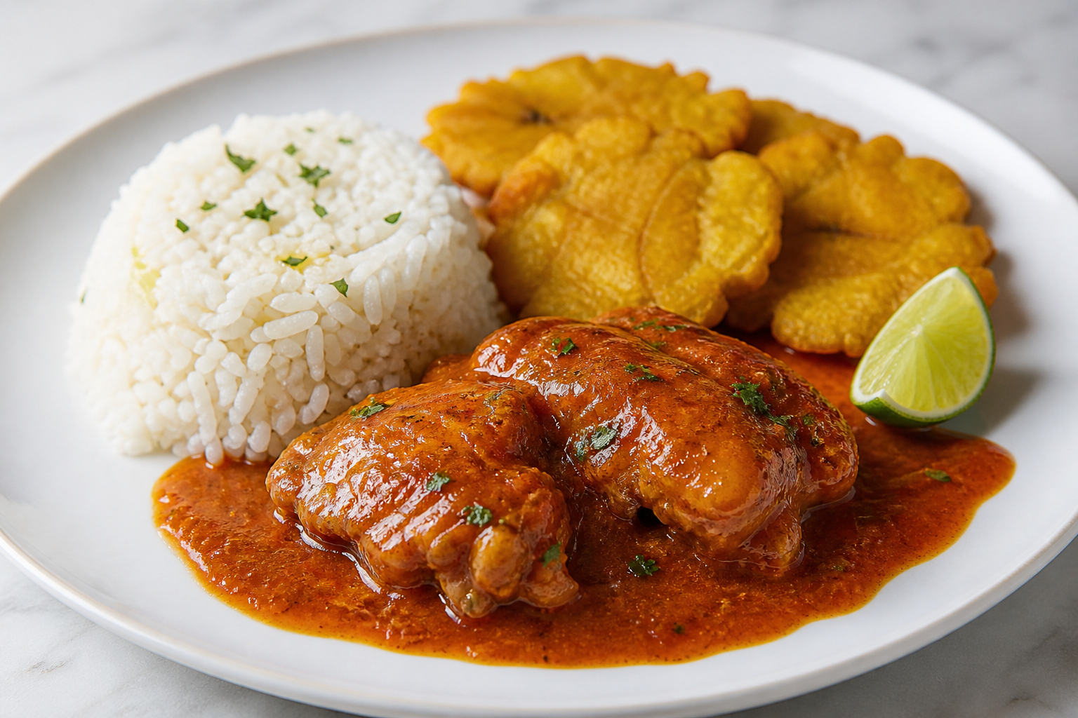 Pollo Cubano en Salsa de Guayaba Especiada con Arroz de Coco Ligero y Tostones de Lima