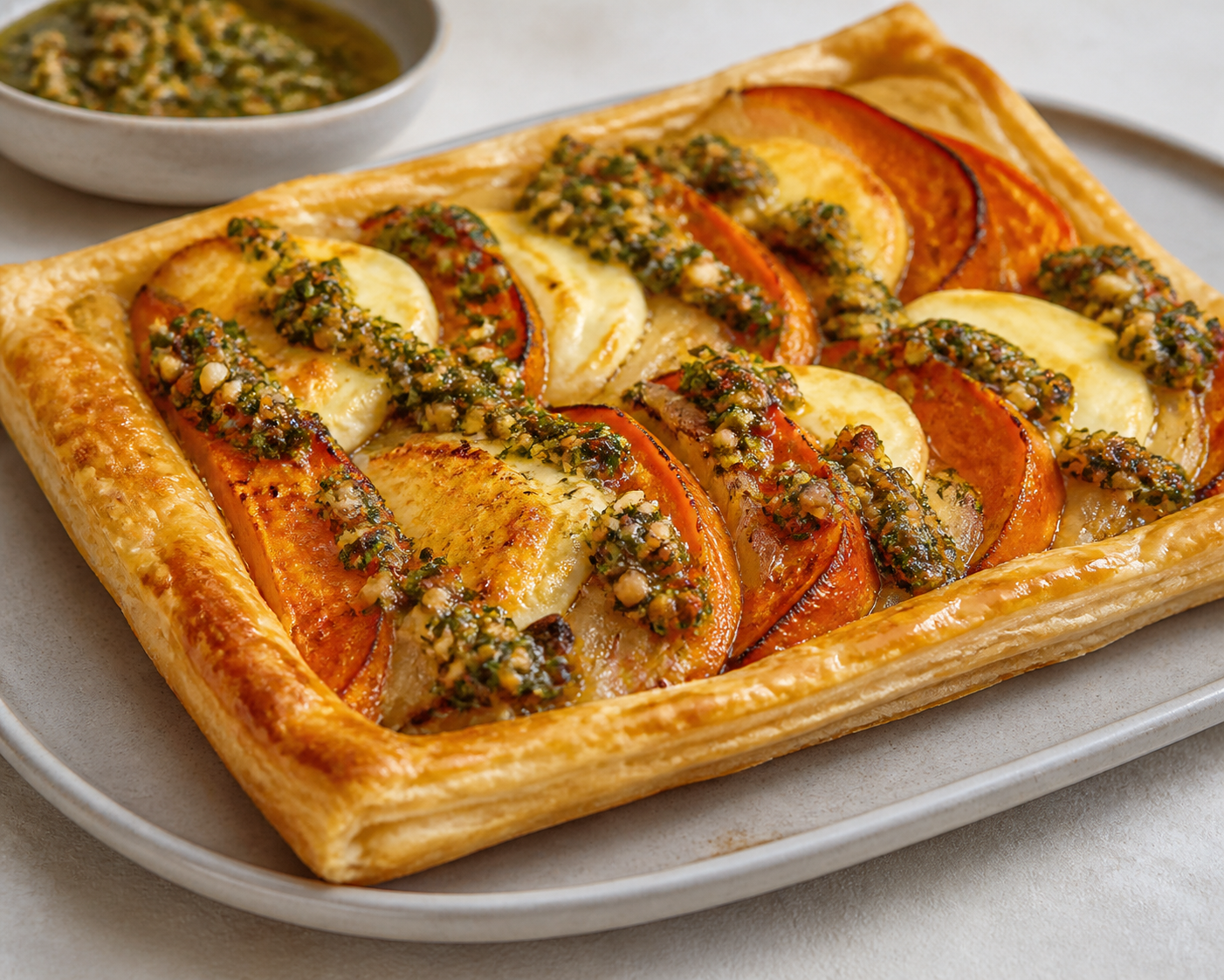 Tarta pampeana de batata asada, cebolla dorada y provoleta con chimichurri de nuez