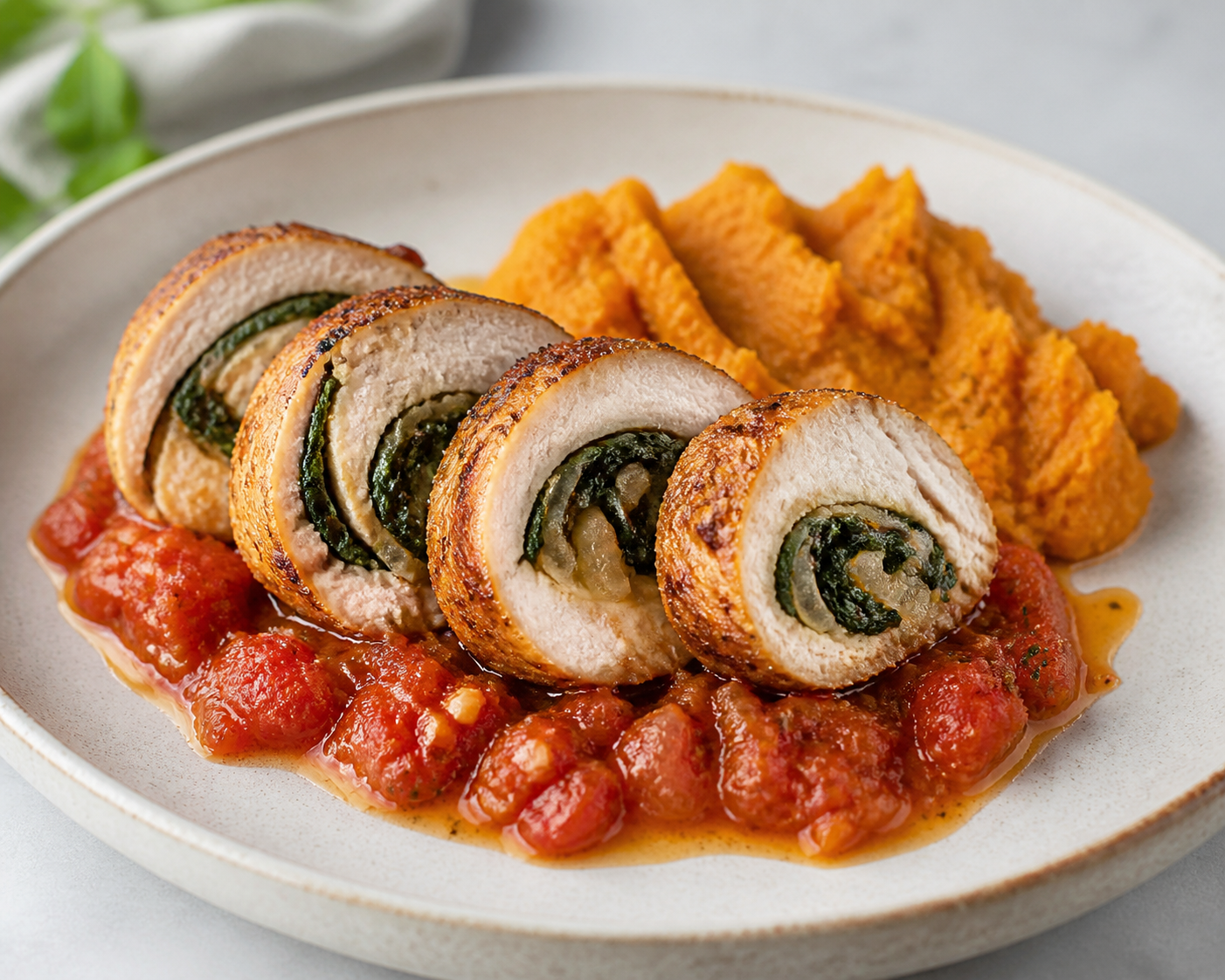 Criollo Chicken and Spinach Roll with Roasted Tomato Oregano Sauce and Rustic Sweet Potato Mash