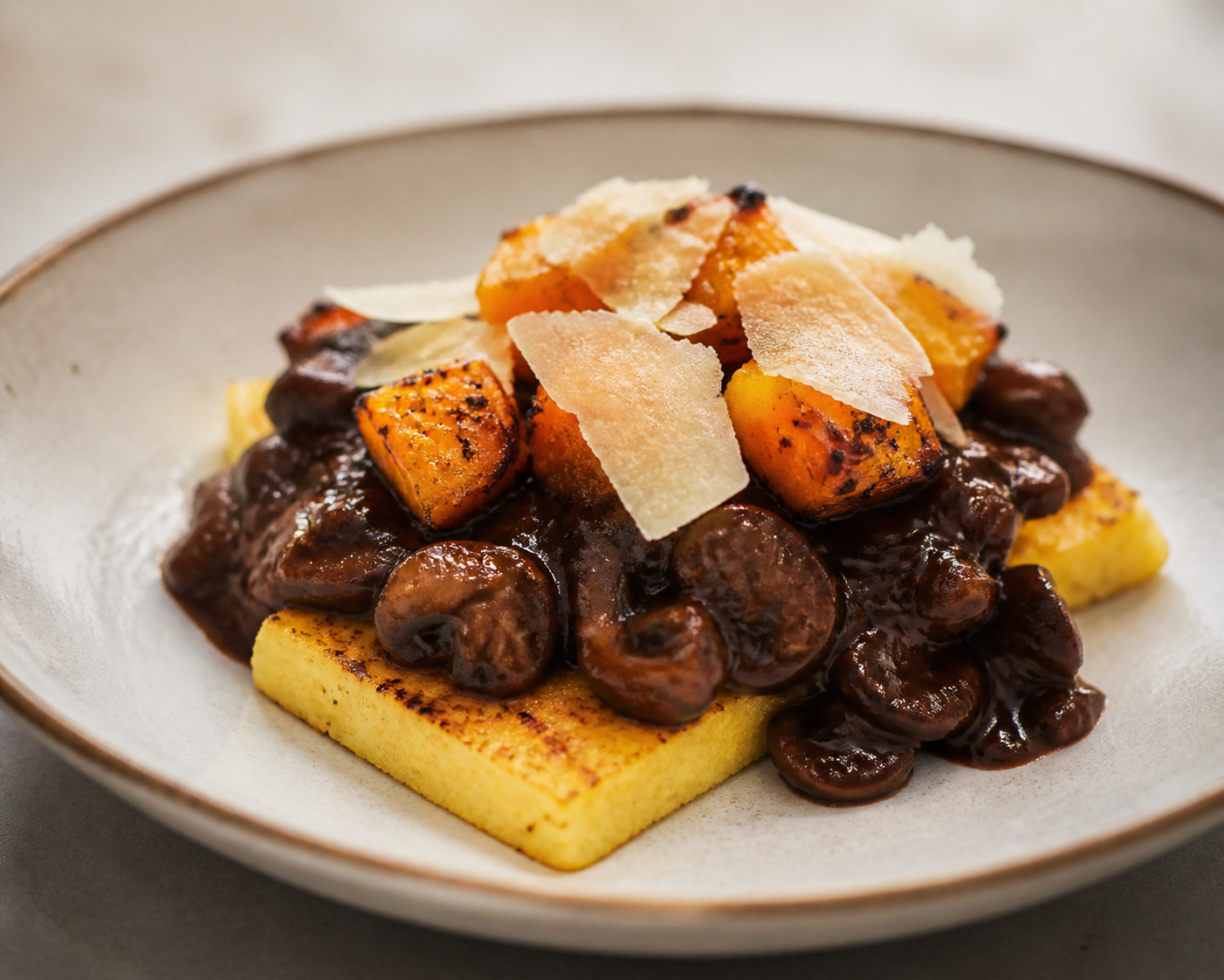 Polenta Grillada con Ragú de Hongos al Malbec, Calabaza Asada y Lluvia de Provoleta