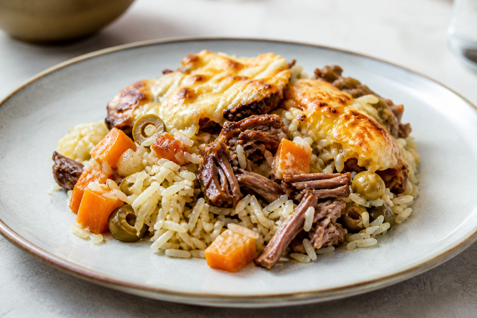 Pastel criollo de arroz y osobuco desmenuzado con calabaza asada, aceitunas verdes y gratín de queso sardo