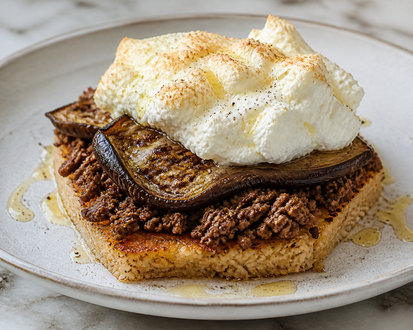 Pampas Toasted Rice Bake with Cumin Beef, Roasted Eggplant, and Criollo Cheese Cloud