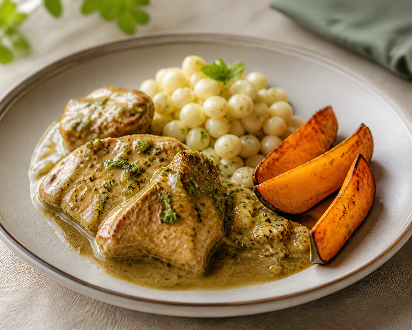 Seco Suave de Pavo con Naranjilla y Hierbabuena, acompañado de Mote Salteado y Zapallo Asado