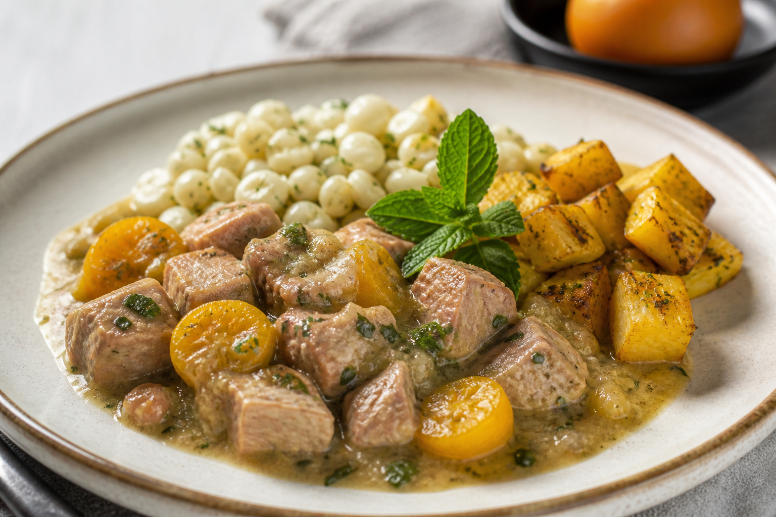 Gentle Turkey Stew with Naranjilla and Mint served with Sautéed Hominy and Golden Roasted Figleaf Gourd