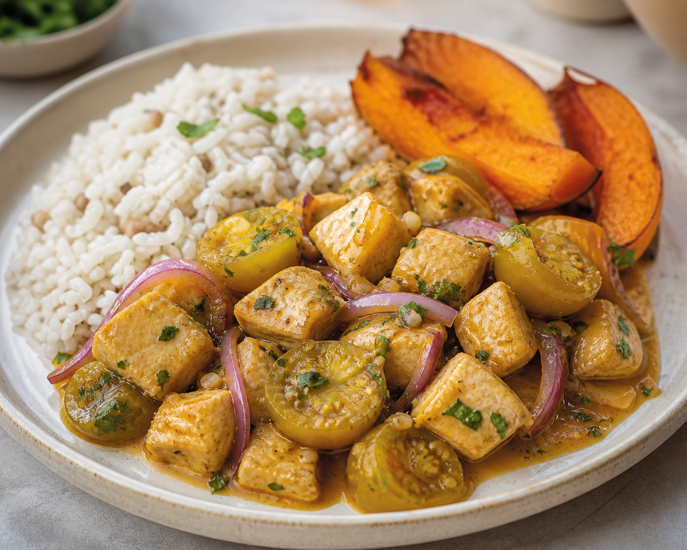 Ecuadorian Turkey Seco with Naranjilla and Cilantro served with Barley Rice and Roasted Squash