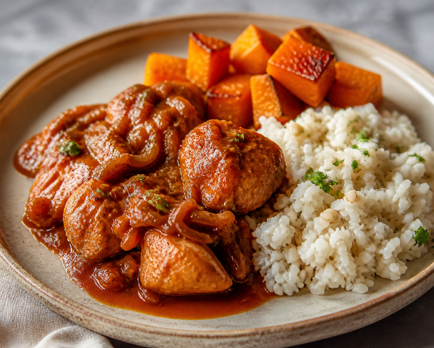 Turkey Seco with Tamarillo and Barley Rice with Roasted Squash