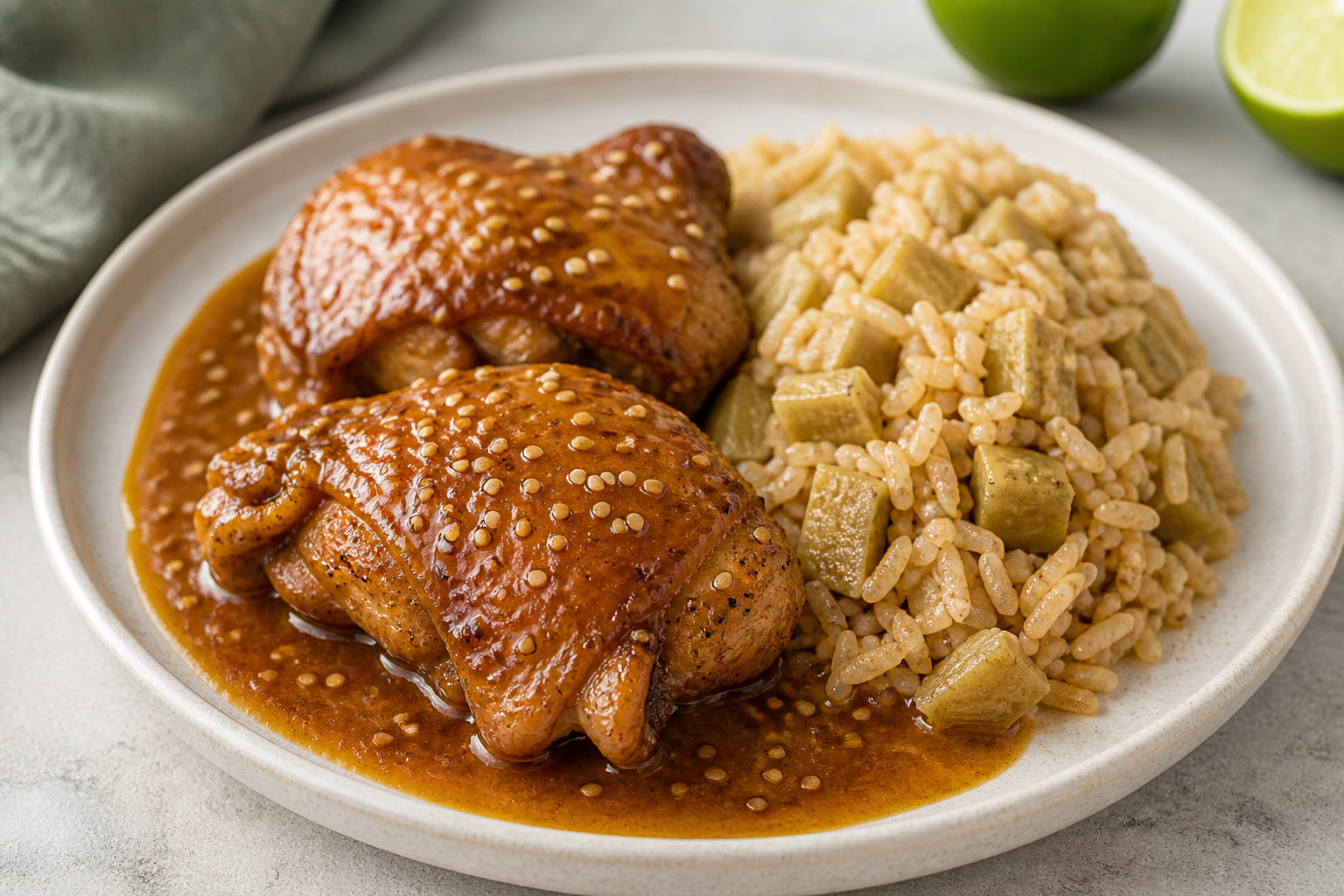 Honduran Chicken in Toasted Sesame and Sour Orange Sauce with Green Banana Rice