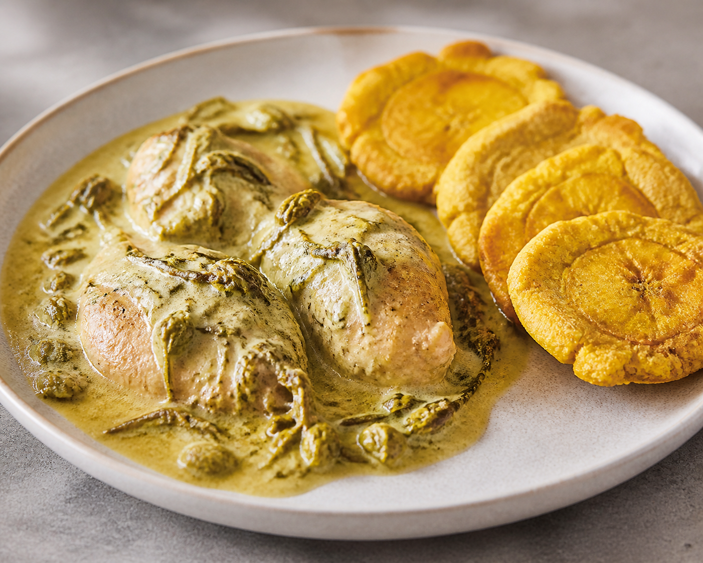 Honduran Chicken in Roasted Tomatillo, Loroco and Cream Sauce with Green Banana Tostones
