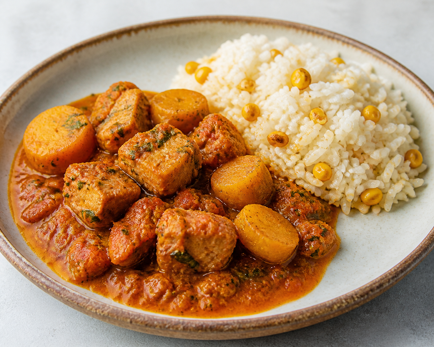 Cerdo Hondureño en Salsa de Guineo Verde, Culantro y Achiote con Arroz de Maíz Tostado
