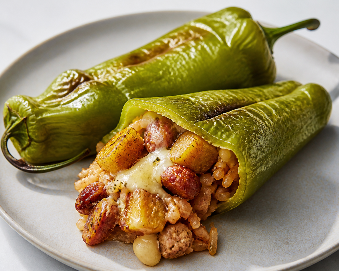 Cubanelle Peppers Stuffed with Sweet Plantains, Sausage Rice, and Queso del País