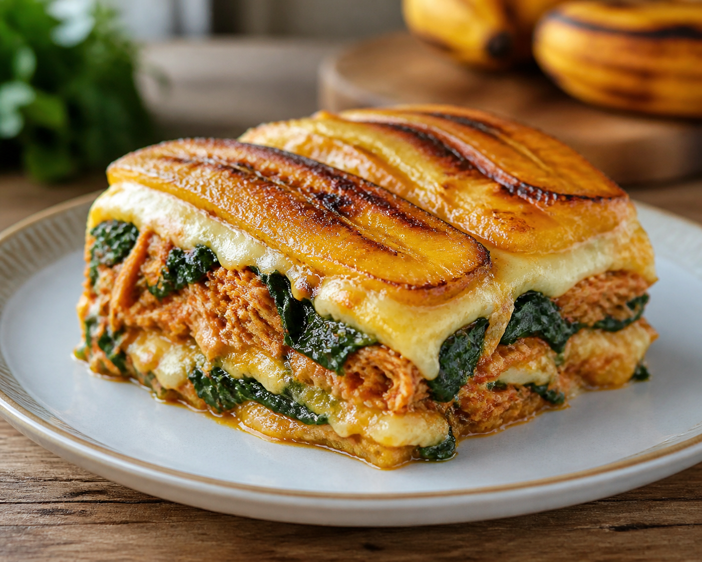 Puerto Rican Sweet Plantain Lasagna with Sofrito Chicken, Spinach, and Queso del País