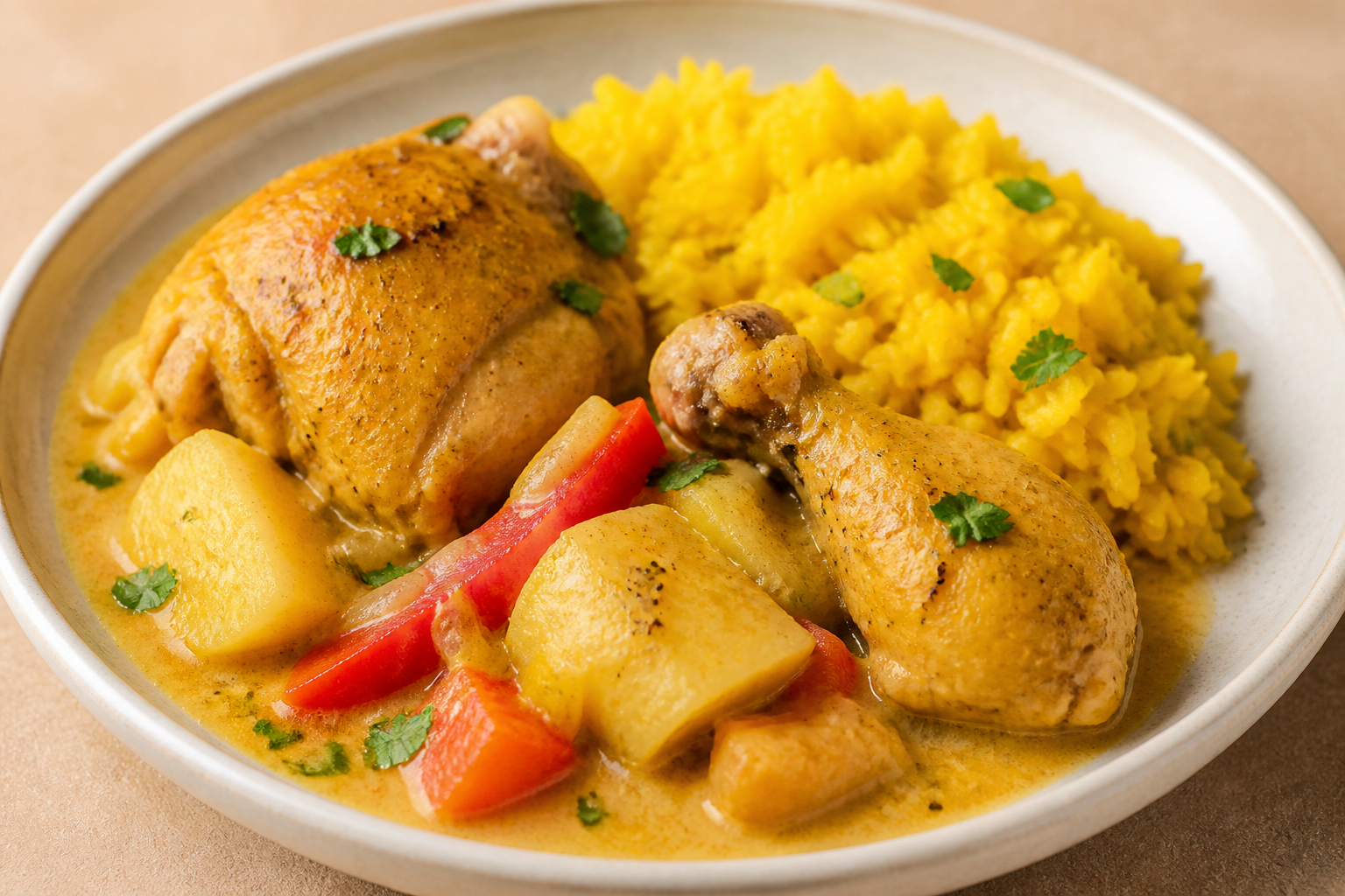 Encocado Criollo de Pollo con Ñame, Ají Dulce y Arroz de Cúrcuma