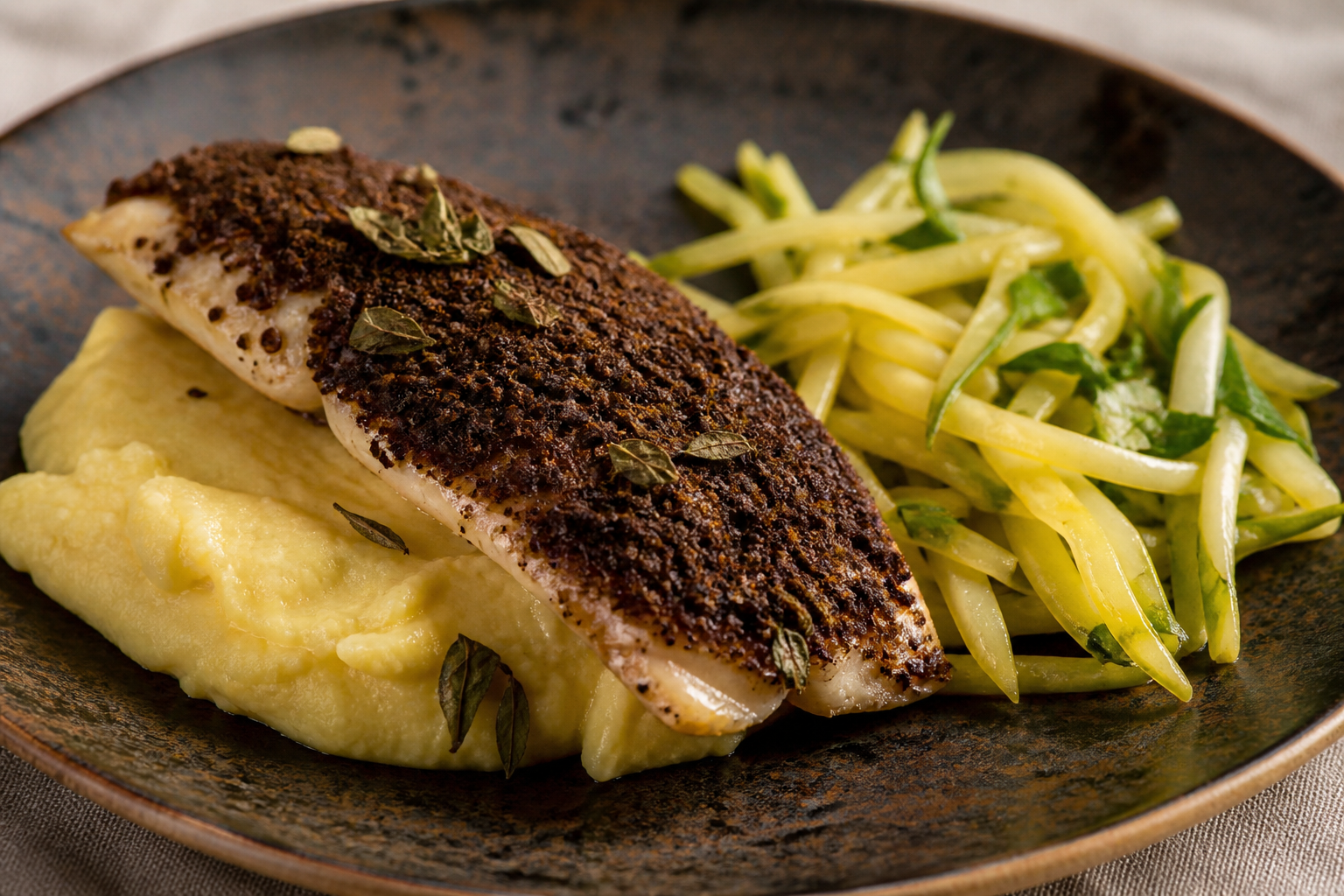 Trucha Colombiana en Costra de Cacao y Guascas con Puré Rústico de Arracacha y Ensalada Tibia de Mango Verde