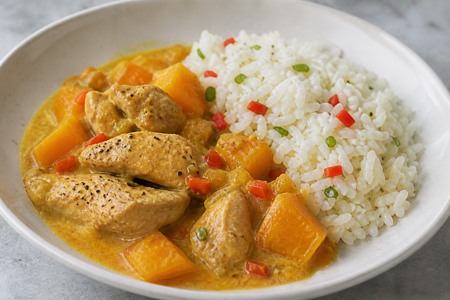 Colombian Chicken Coconut Stew with Soft Yam, Sweet Pepper and Scallion Rice