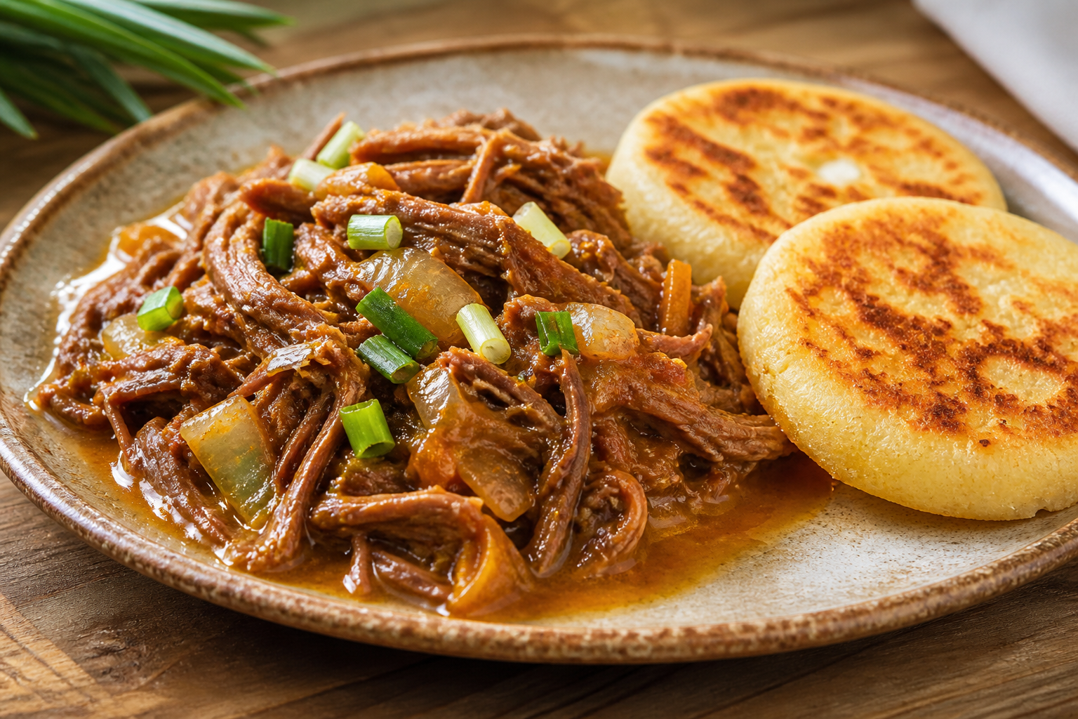 Colombian Shredded Beef in Tree Tomato and Cane Syrup Stew with Golden Cheese Arepas