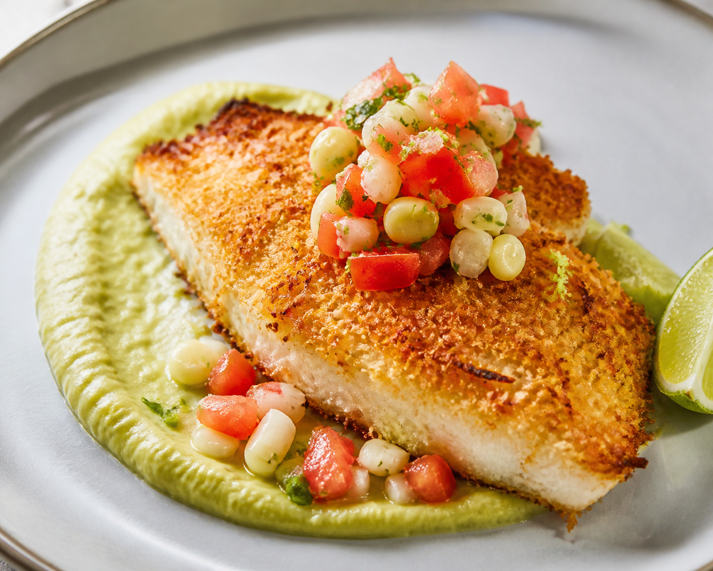 Tilapia Brasileña en Costra de Tapioca y Coco con Puré de Maíz Verde y Vinagreta de Tomate, Lima y Palmito