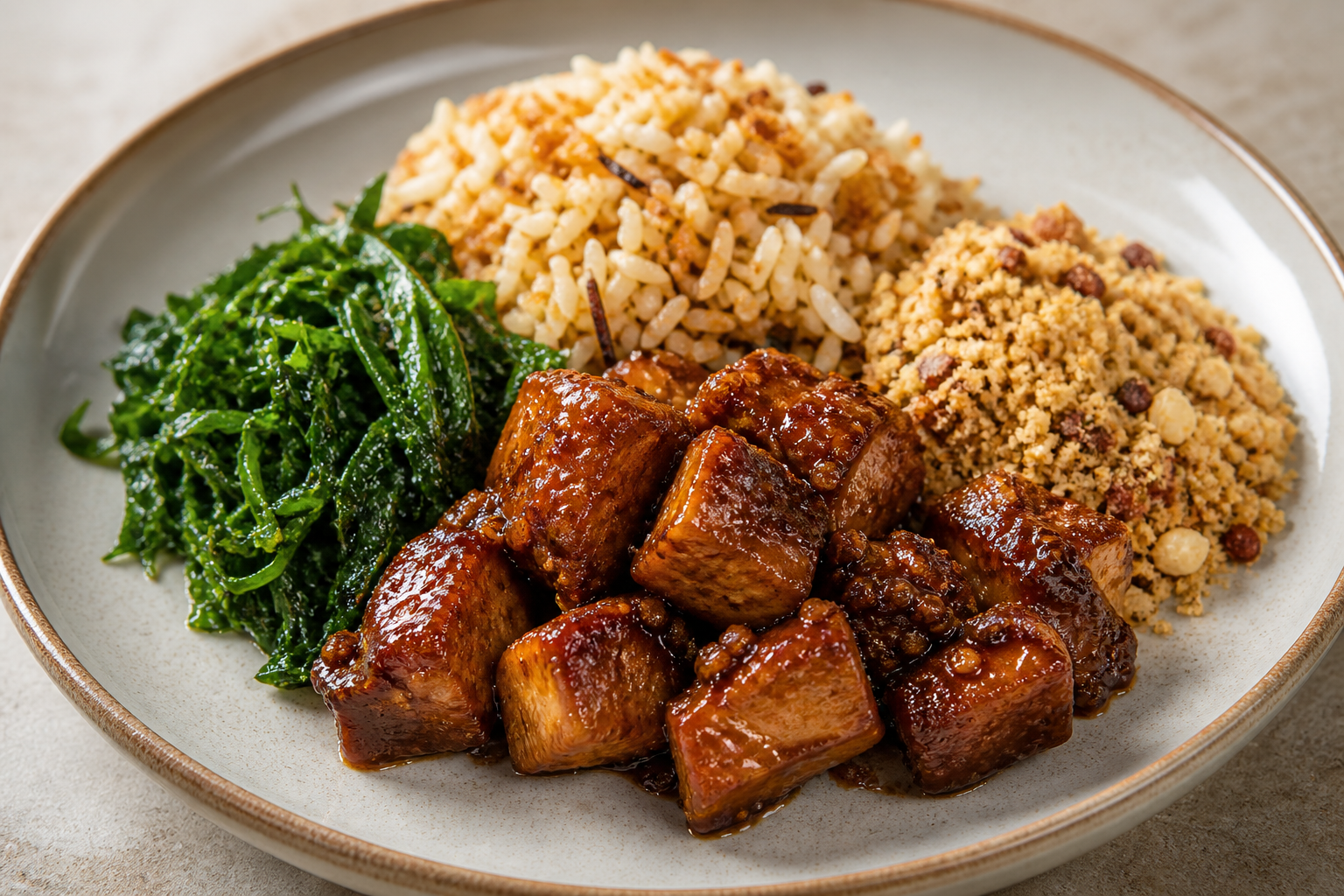 Arroz de Coco Quemado con Cerdo al Tamarindo, Berza Salteada y Farofa de Castaña