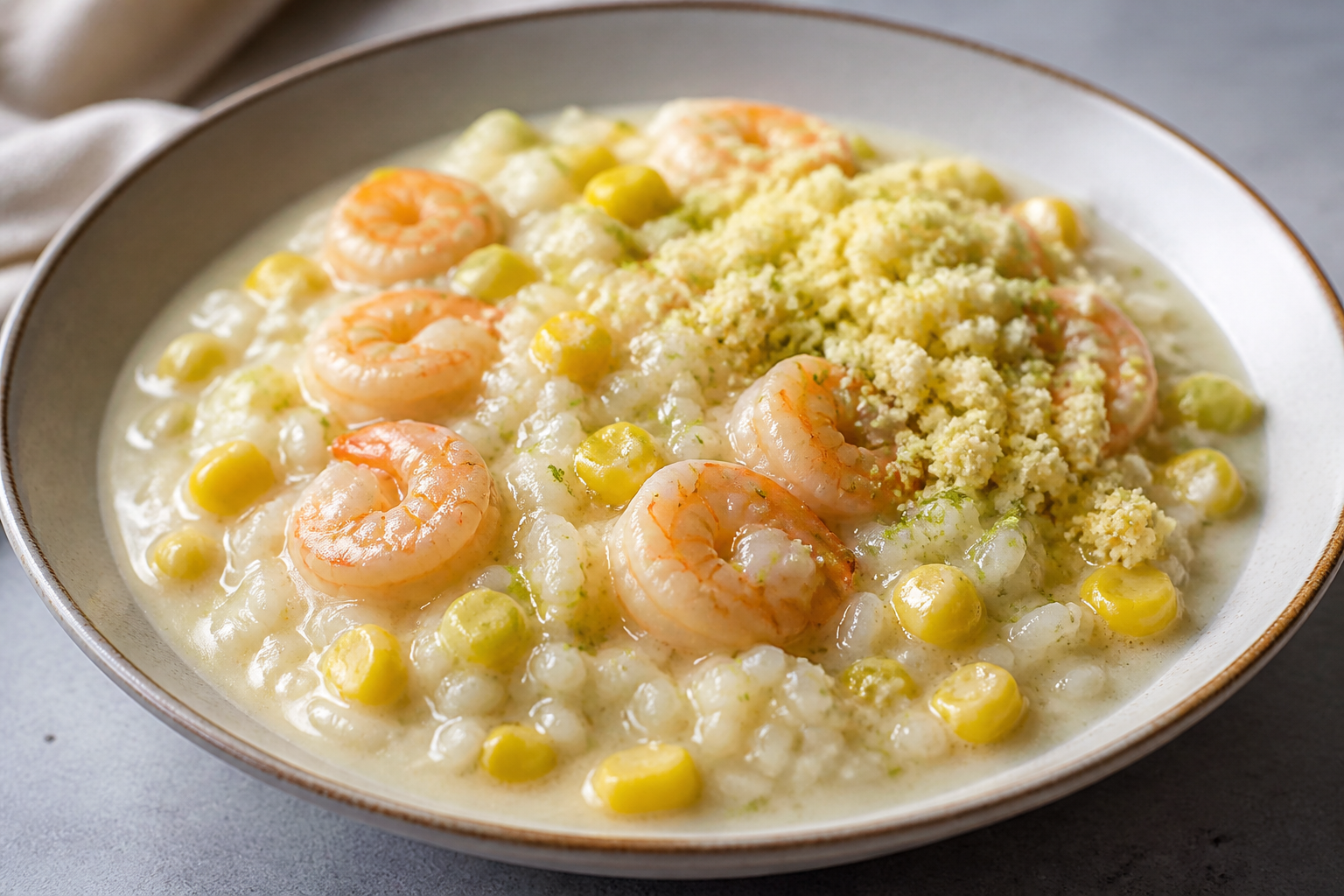 Arroz Caldoso Brasileño de Camarón con Maíz Verde, Leche de Coco y Farofa de Lima