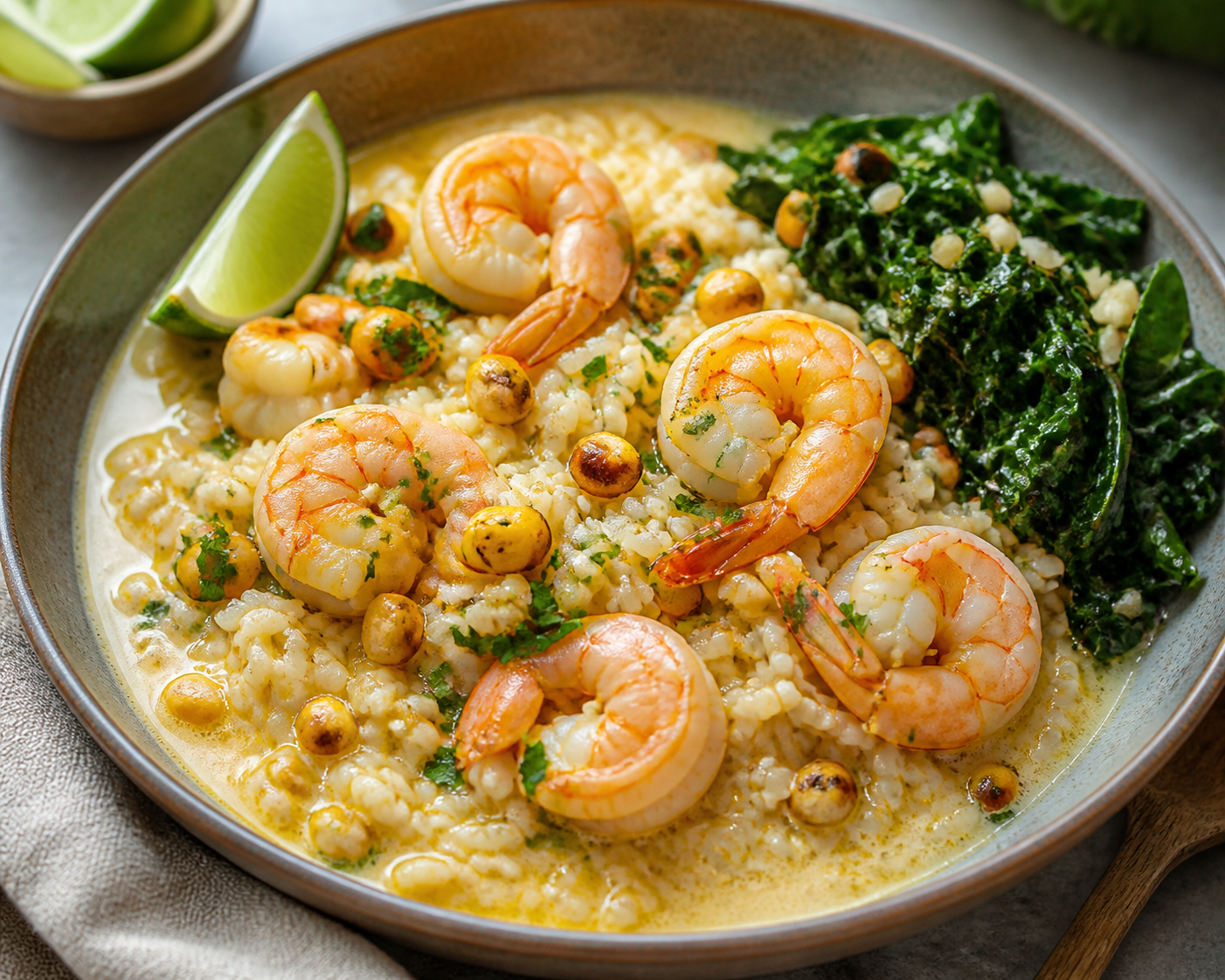 Brazilian Brothy Rice with Shrimp, Toasted Corn and Coconut Milk with Garlic Collards