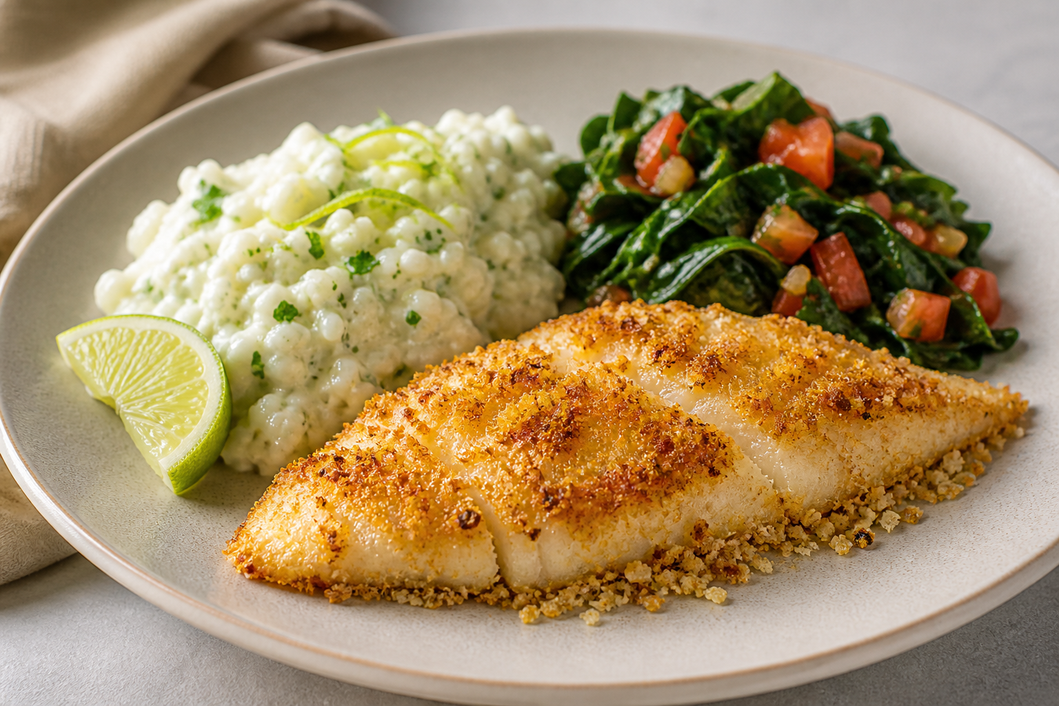 Brazilian Tapioca-Coconut Crusted Tilapia with Creamy Lime Rice, Sautéed Collards and Tomato Vinaigrette