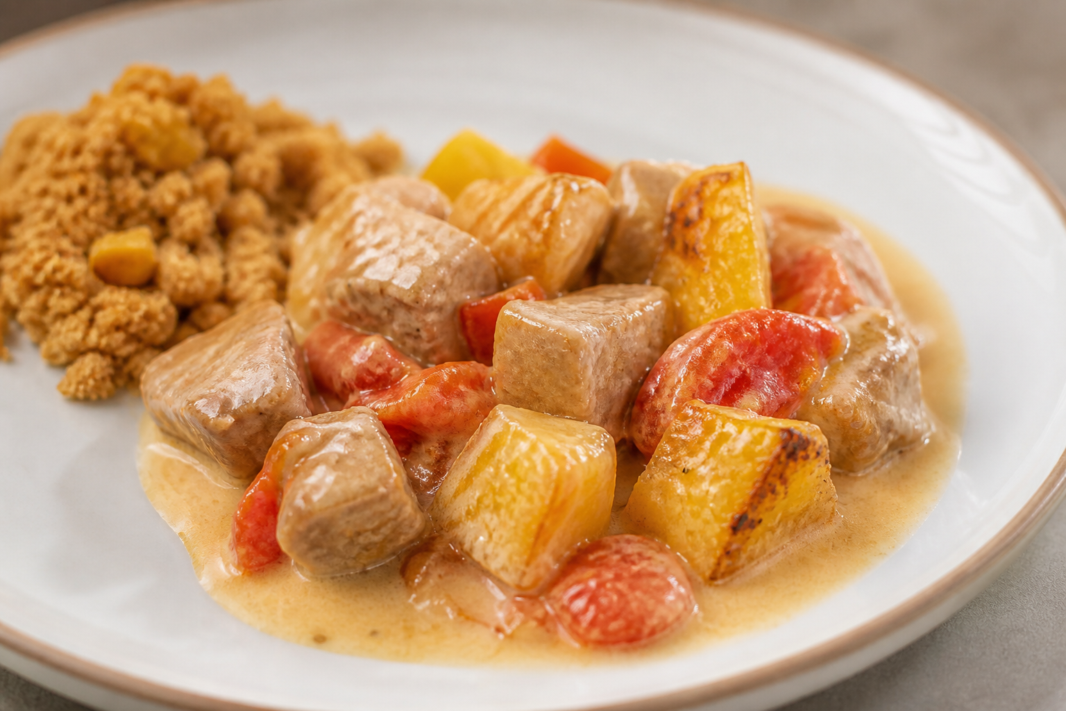 Cazuela Brasileña de Cerdo con Leche de Coco, Piña Asada y Farofa de Maíz con Castaña