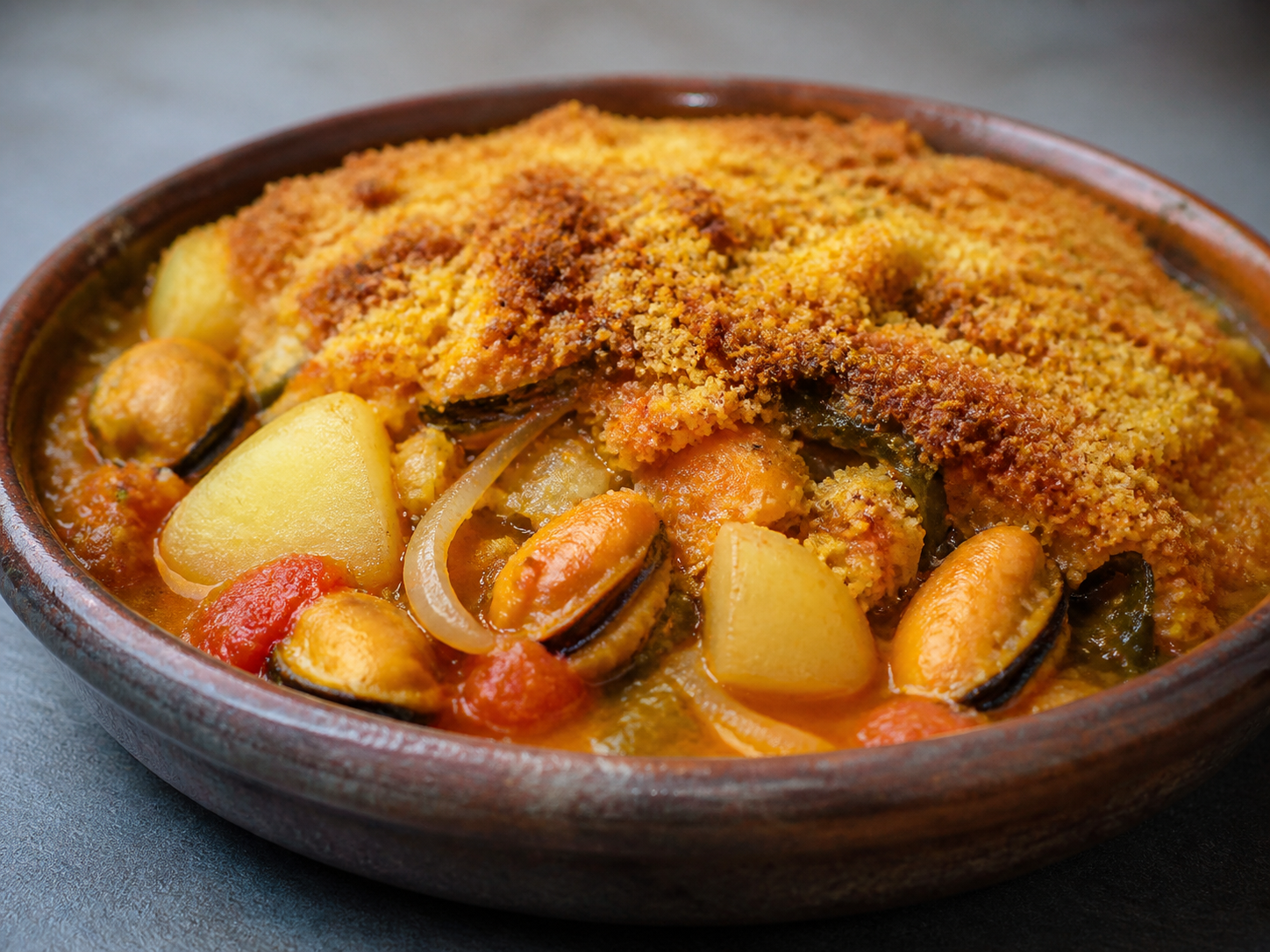 Chiloé-Style Tomato Stew with Luche, Potatoes and Mussels under a Chuchoca-Chanco Crust