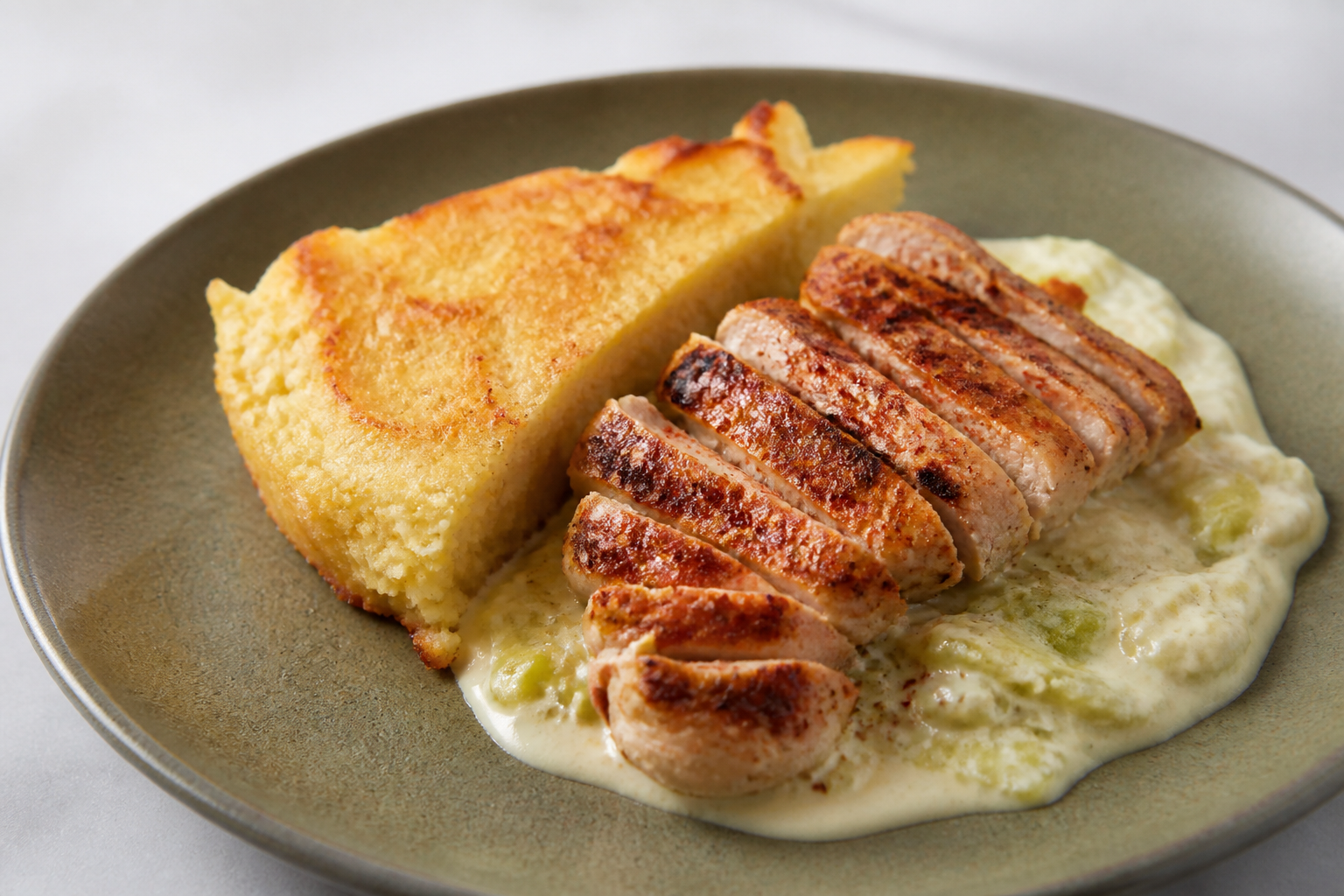 Chilean Baked Milcao with Merkén Chicken and Leek Cream