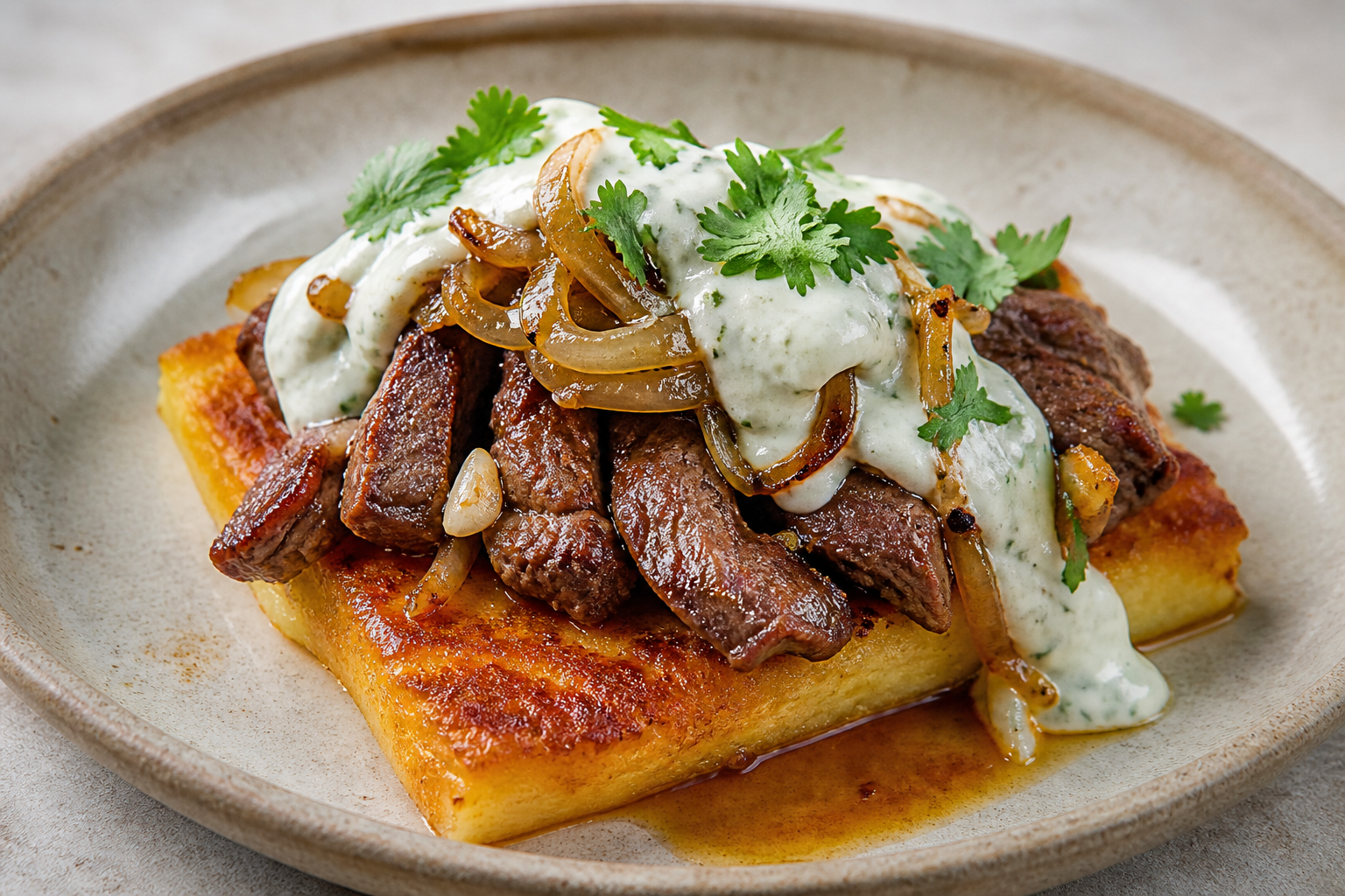 Milcao Horneado Chileno con Vacuno al Merkén, Cebolla Caramelizada y Salsa de Yogur al Cilantro