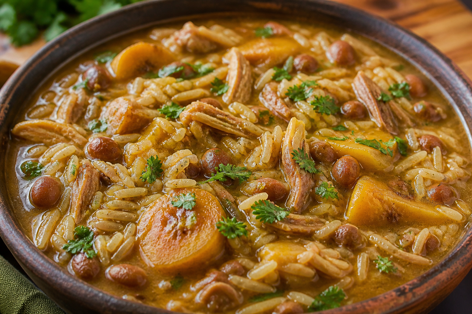 Dominican Smoky Turkey, Pigeon Pea and Sweet Plantain Asopao with Creole Cilantro