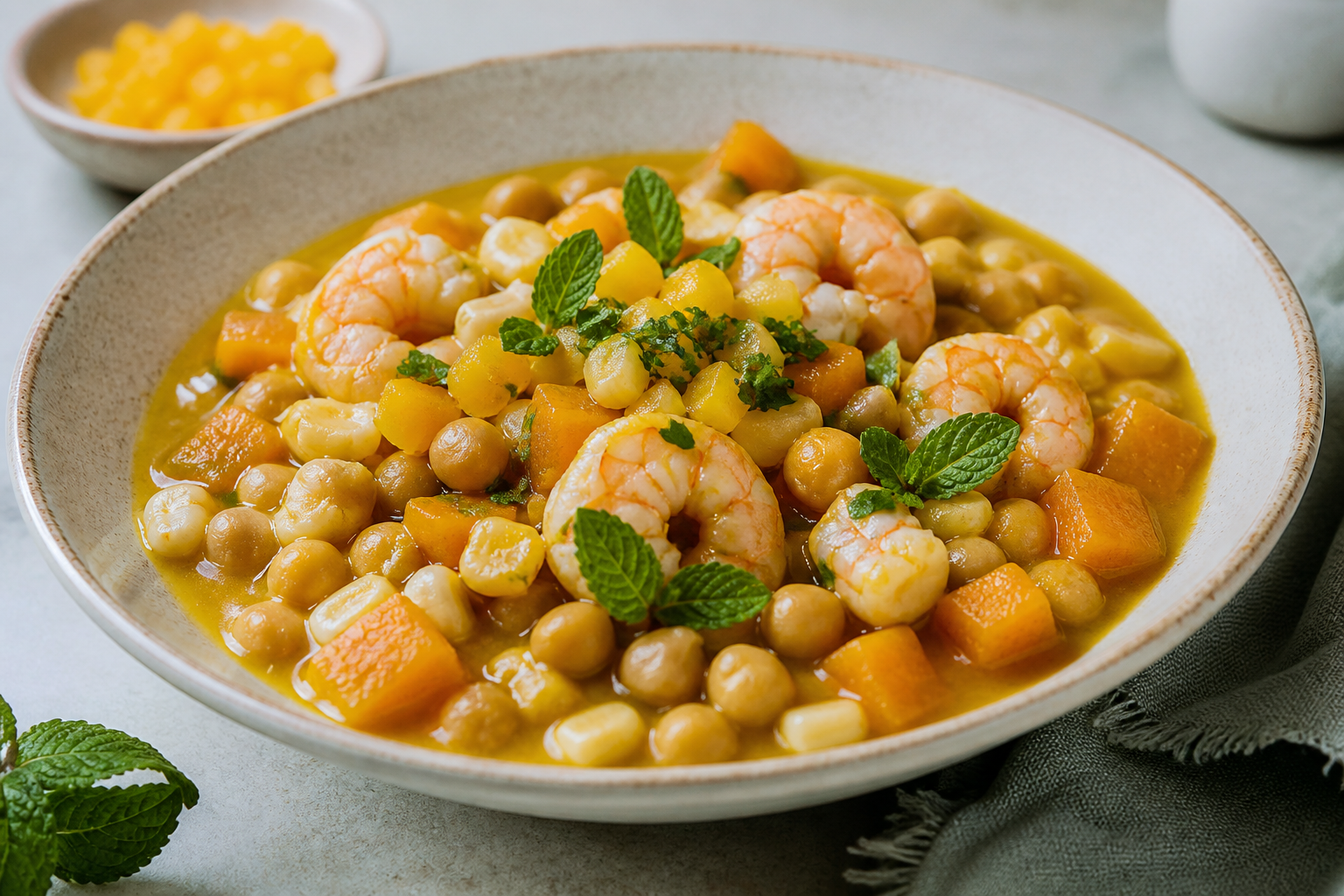 Coastal Chickpea and Shrimp Locro with Yellow Chili and Mint