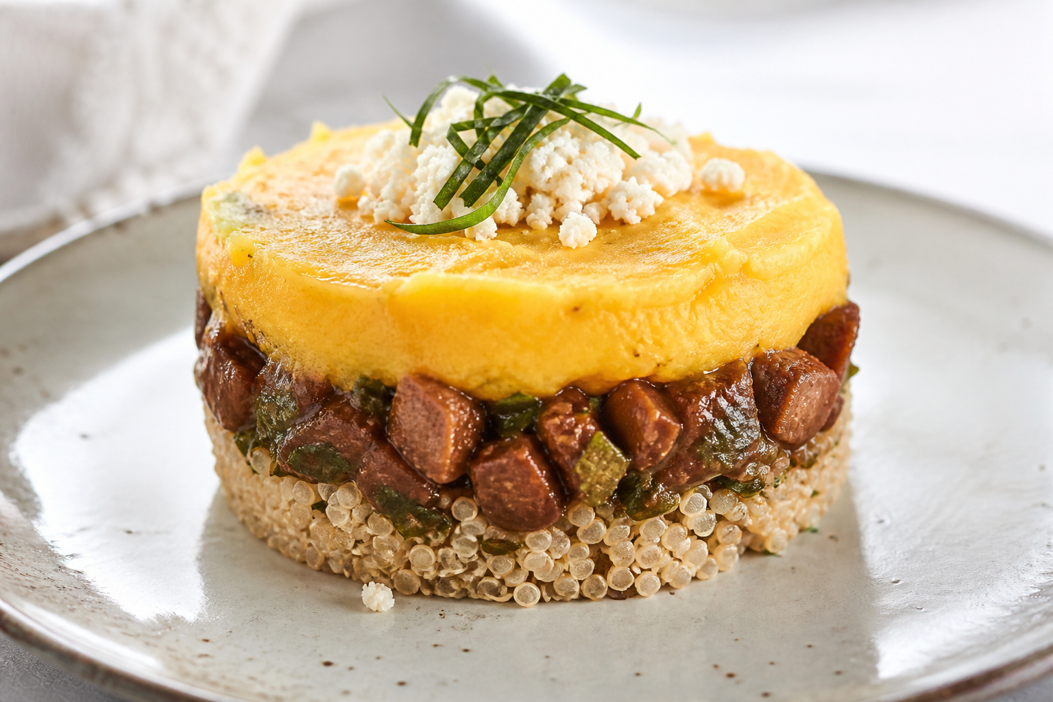 Andean Yellow Potato Pie with Alpaca Ragout, Huacatay, and Quinoa Crust