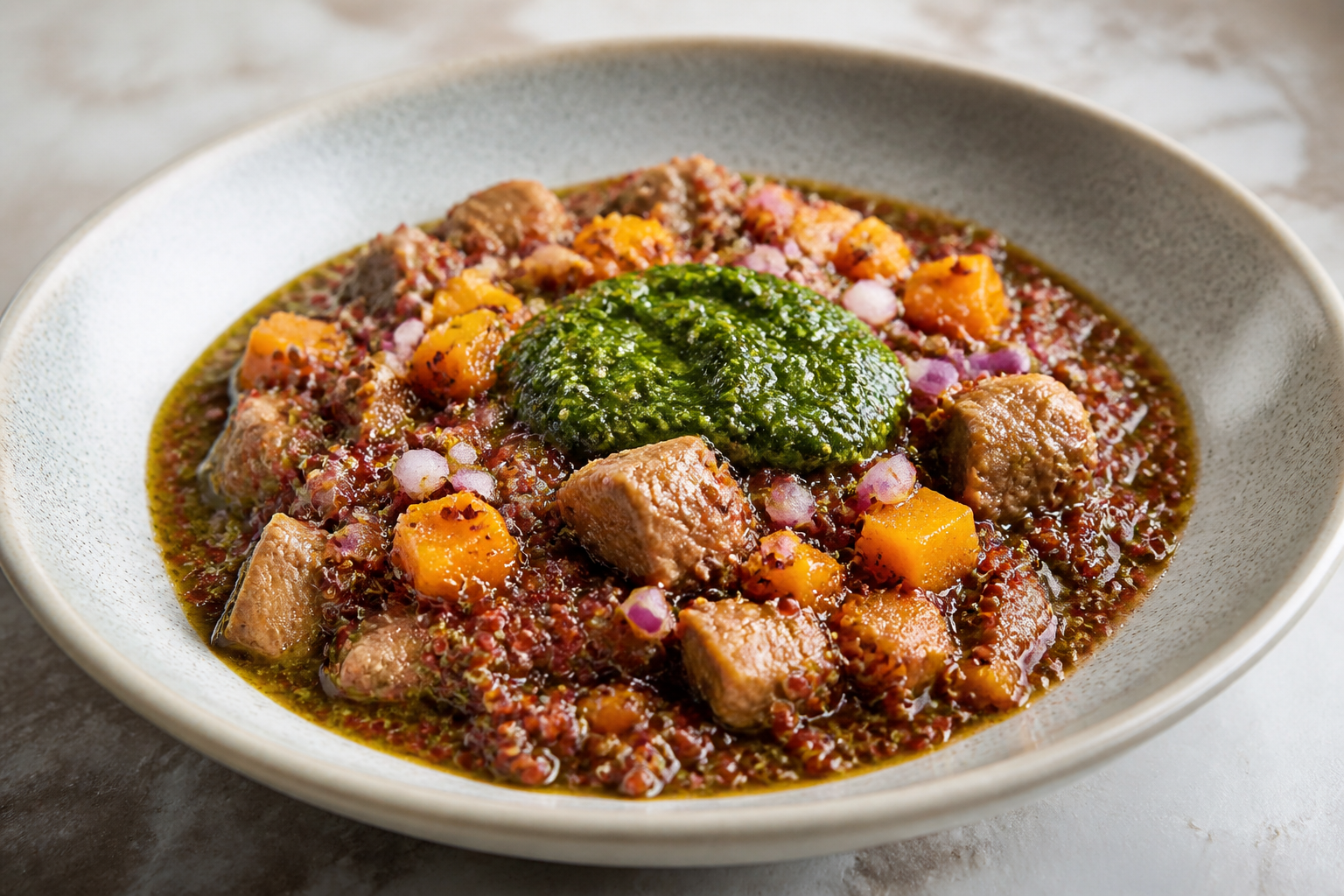 Red Quinoa Stew with Pork, Loche Squash, and Toasted Huacatay Sauce