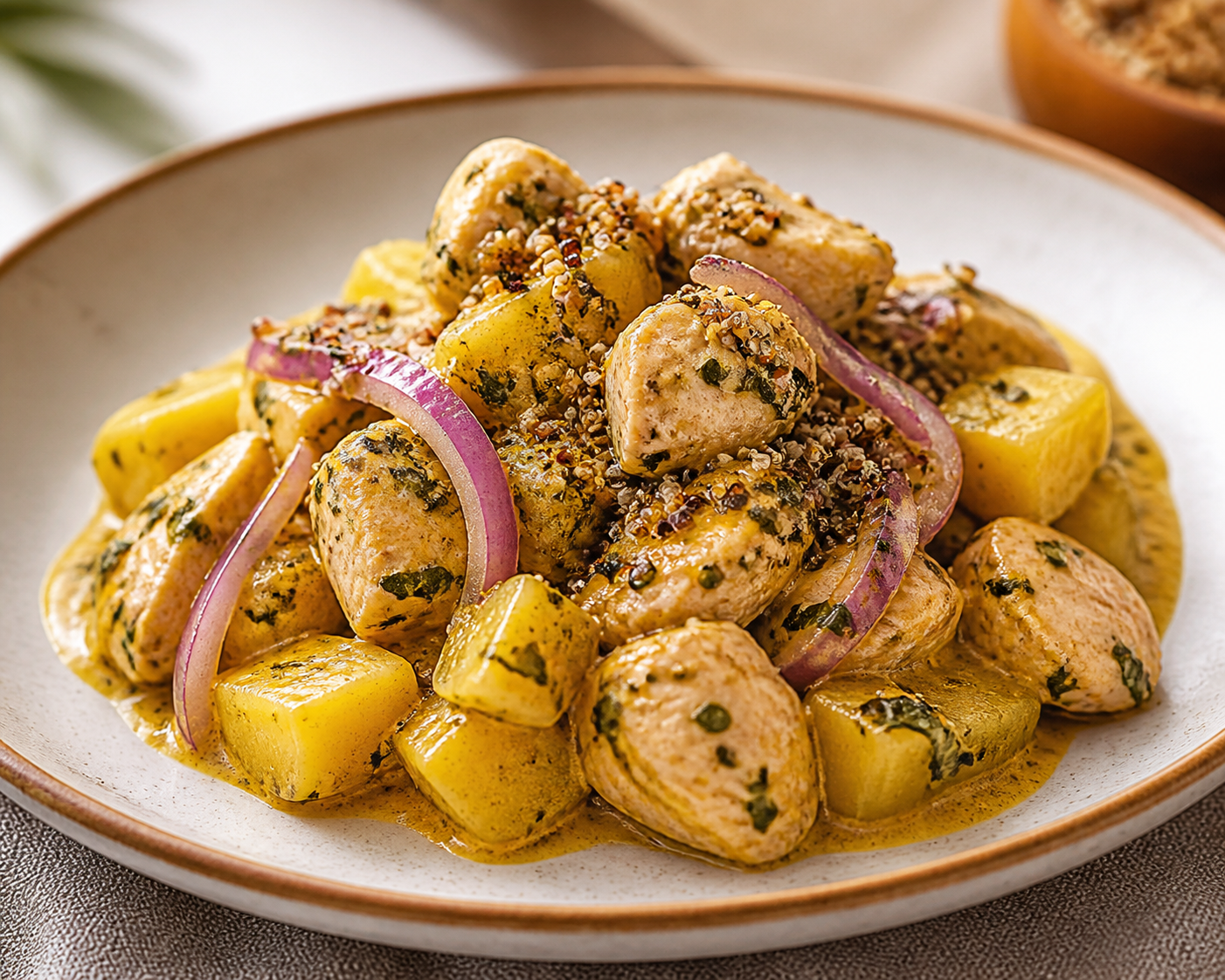 Creamy Yellow Potato Bake with Huacatay Chicken, Ají Amarillo, and Toasted Quinoa