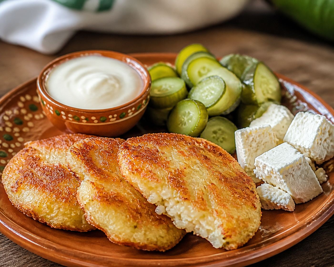 Salvadoran rice and potato fritters with queso duro blando, alguashte cream, and pickled cucumber