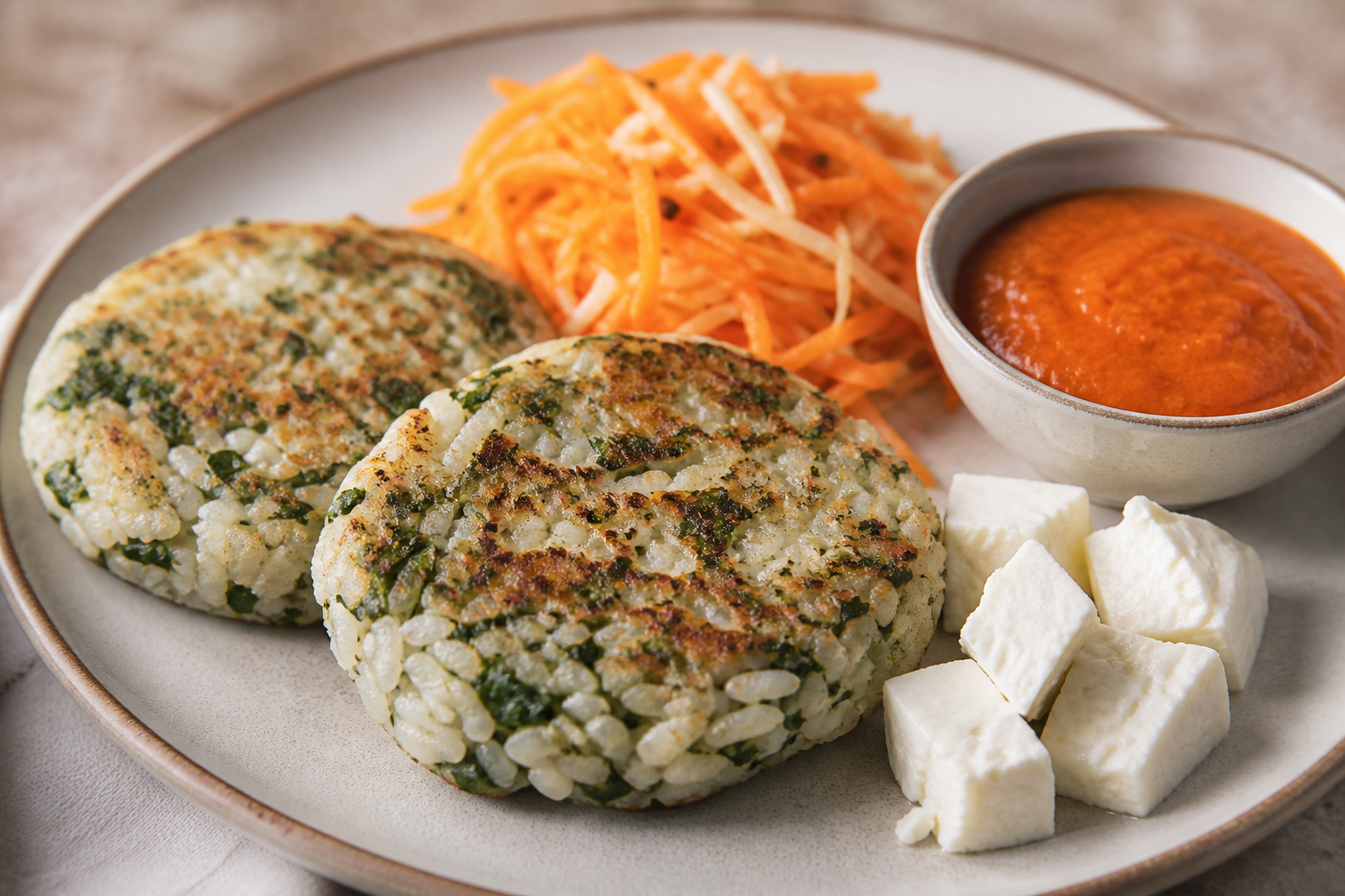 Tortas salvadoreñas de arroz y chipilín con queso fresco, curtido de zanahoria y salsa cremosa de tomate asado