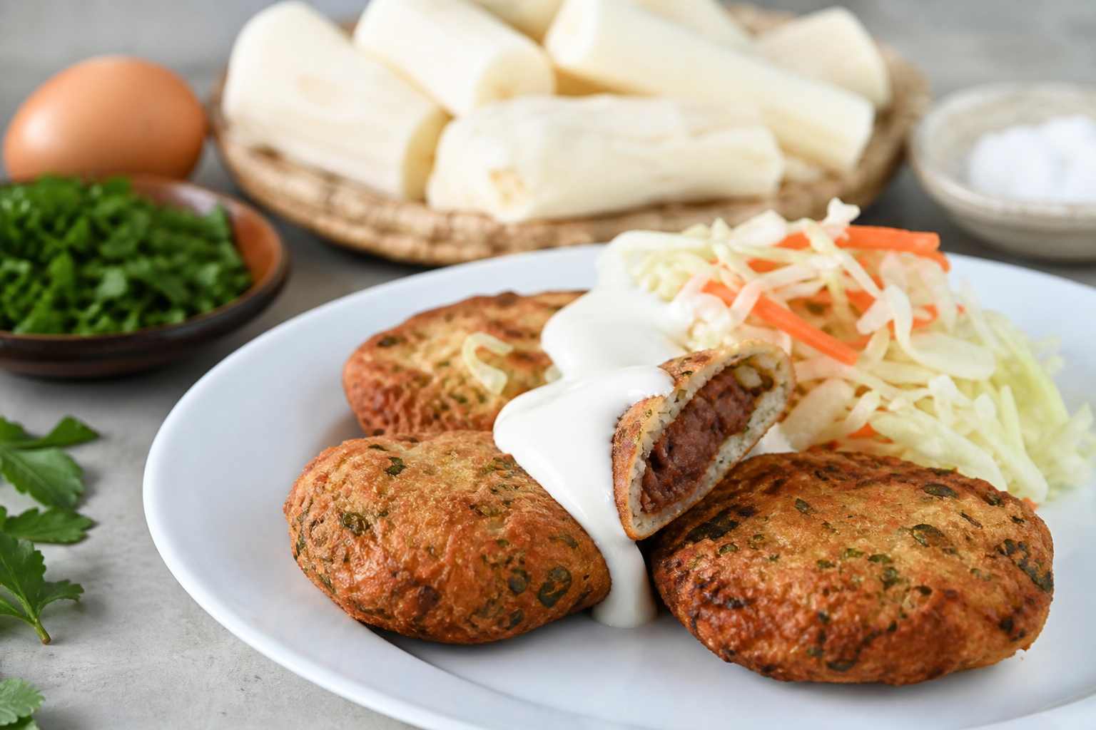 Salvadoran yuca and chipilín fritters with red bean center, alguashte cream, and cabbage-carrot slaw