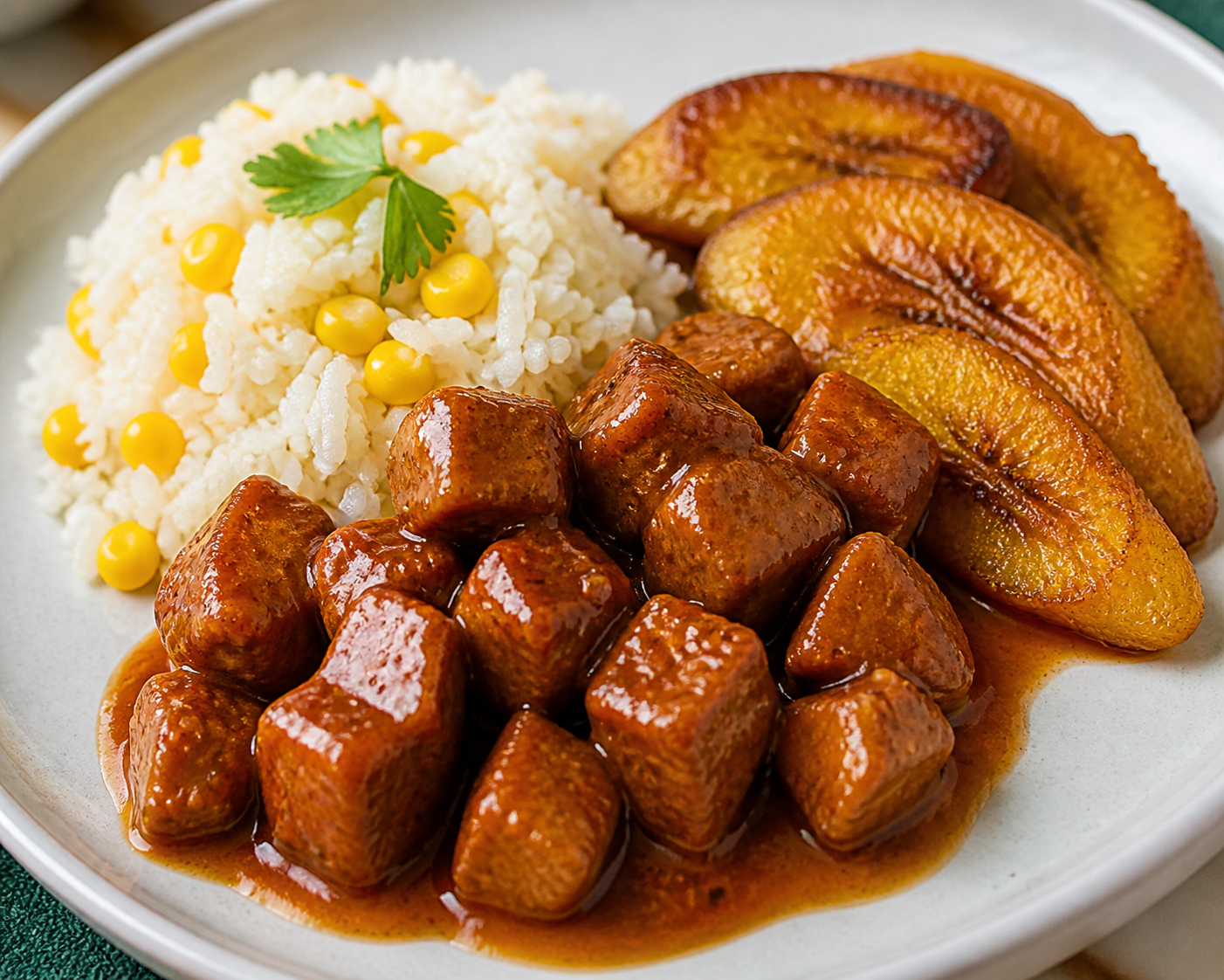Cerdo Cubano en Salsa de Guayaba y Ron con Arroz de Maíz Tierno y Plátano Verde Crujiente