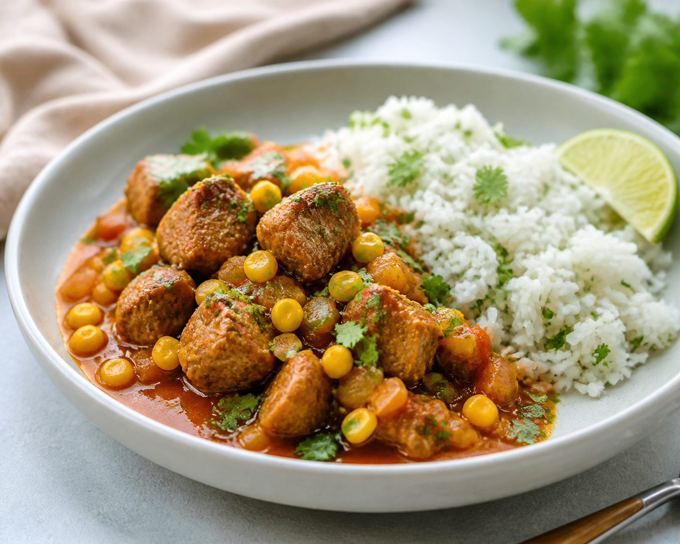 Cazuela Cubana de Cerdo y Maíz Tierno con Arroz al Cilantro y Limón
