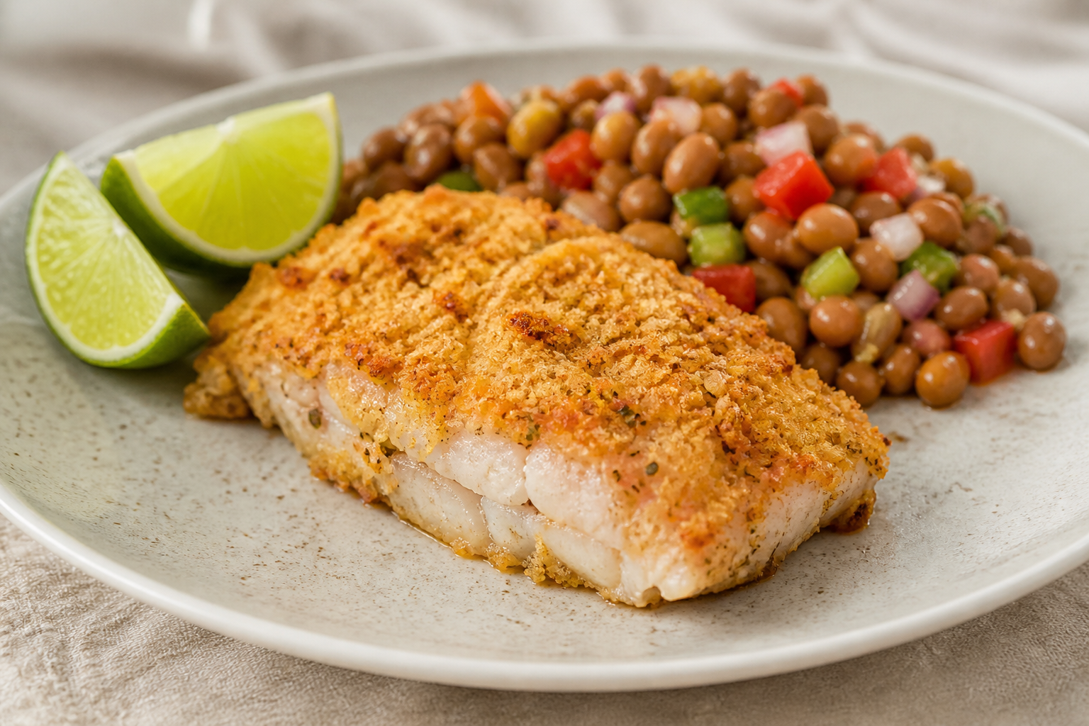 Chillo Dominicano al Horno con Costra de Casabe, Coco y Ensalada Tibia de Guandules