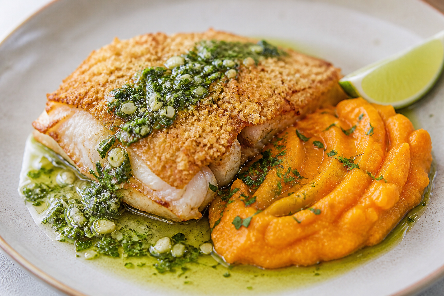 Dominican Baked Red Snapper with Casabe Crust, Cilantro Mojo, and Rustic Pumpkin Mash