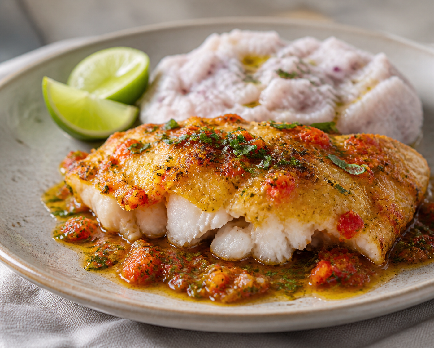 Dominican Baked Red Snapper with Cassava Flatbread Crust, Sweet Pepper Mojo, and Rustic Taro Mash
