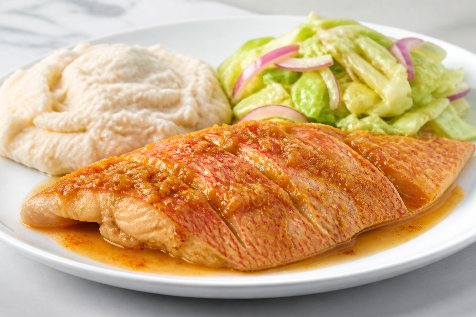Dominican Red Snapper with Bitter Orange Garlic Sauce, Mashed Taro Root, and Warm Cabbage Salad