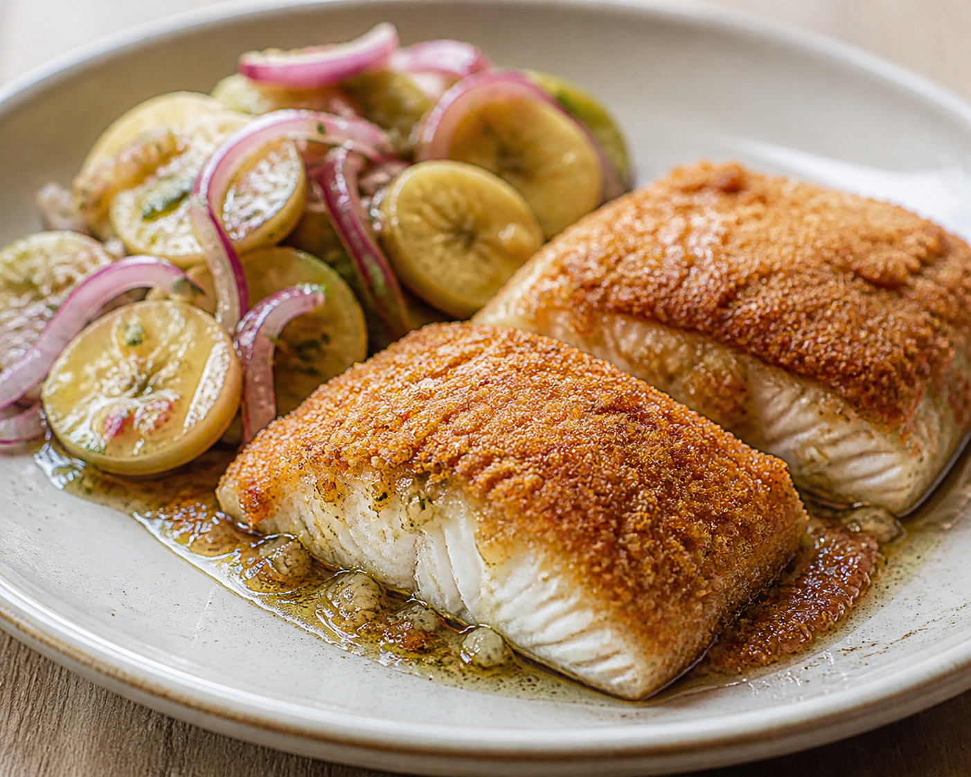 Dominican Baked Red Snapper with Casabe Crust, Garlic Mojo, and Warm Green Banana Salad