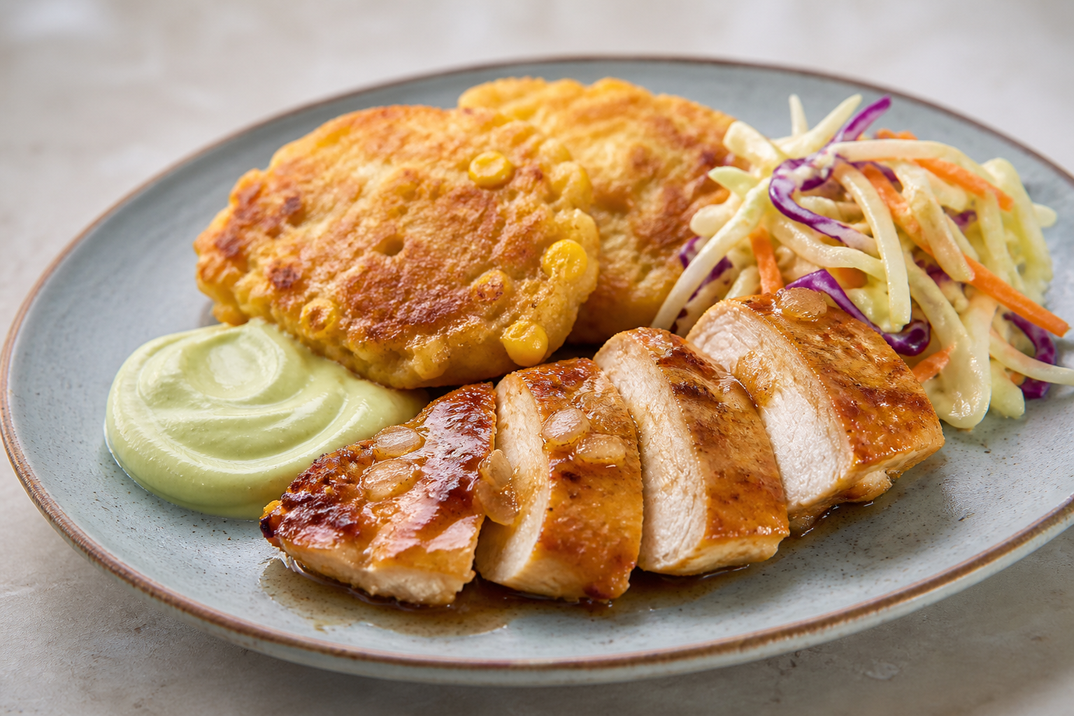 Torrejitas Caraqueñas de Yuca y Maíz con Pollo al Papelón Cítrico, Crema de Aguacate y Ensalada de Repollo